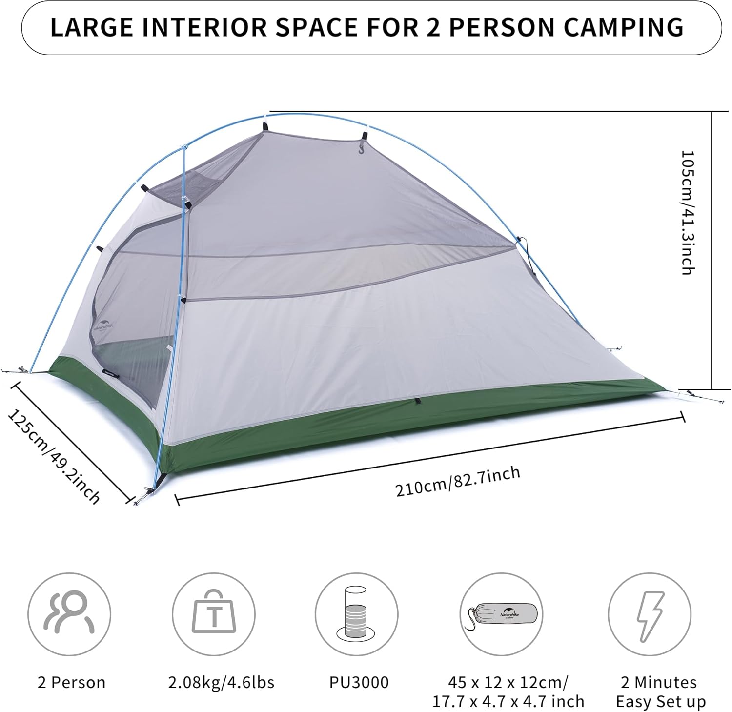 Thumbnail 1 de Naturehike Cloud-Up 2: Tente de camping légère pour 2 personnes (3–4 saisons) - Upg Vert 210T