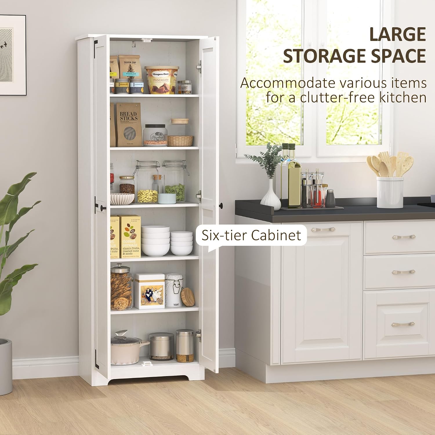 Detalle 1 de HOMCOM 838-505V80WT Farmhouse Pantry Cabinet, Distressed White, Adjustable Shelves