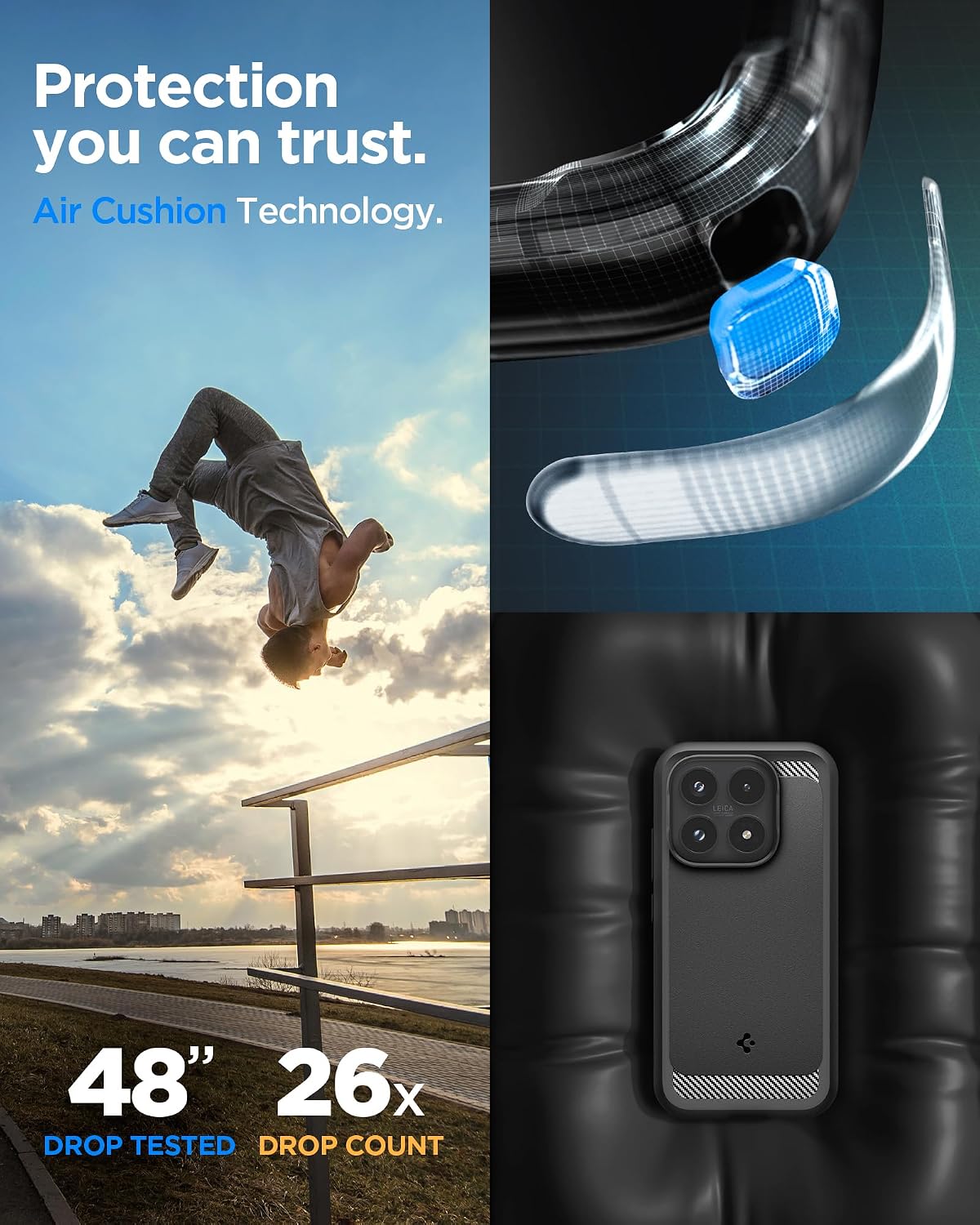 Detalle de Spigen Rugged Armor per Xiaomi 17, cover in nero opaco con bordo rialzato e Air Cushion