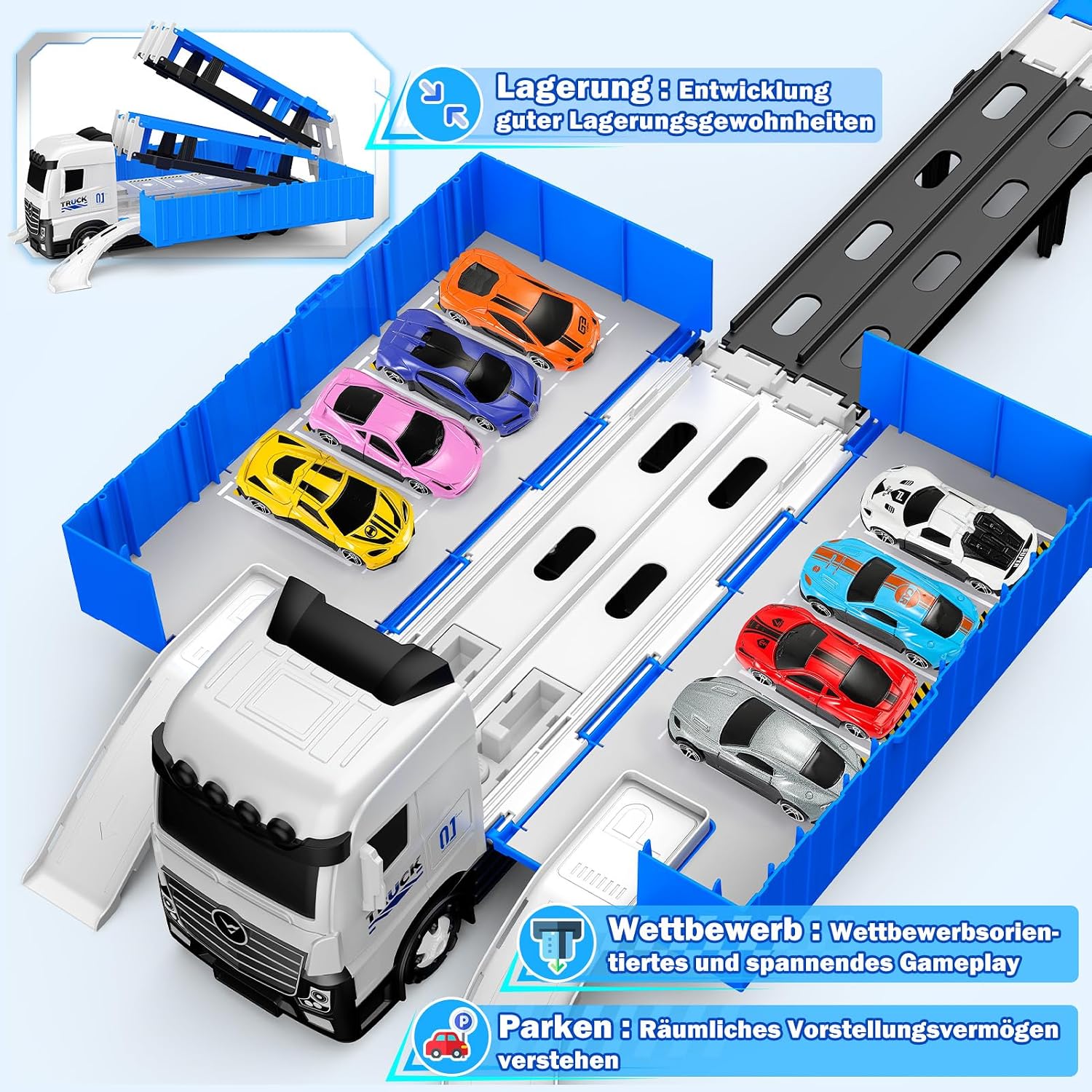 Detalle de EUCOCO Giochi Bambini 2-6 Anni: Truck con Pista Pieghevole e 8 Auto in Metallo, Set di Corse Sicuro e Multifunzionale