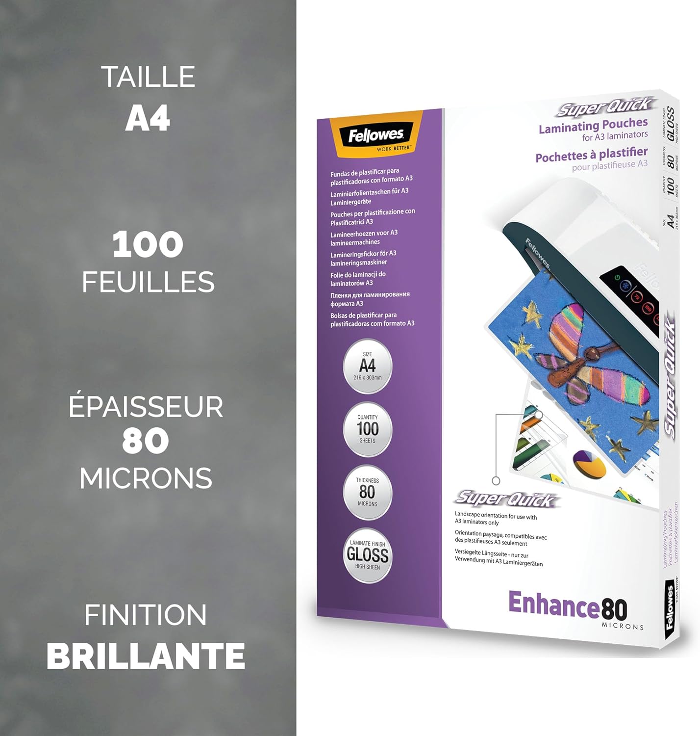 Thumbnail 1 de Fellowes 5440001 Super Quick Pochettes de plastification brillantes 80 µm A4 – Pack de 100 transparent