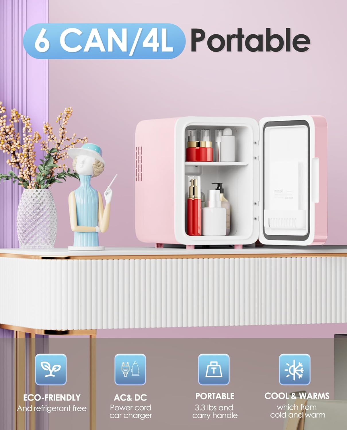 Thumbnail 1 de CUTIEWORLD Skincare Fridge with Dimmable LED Mirror (4L) in Pink