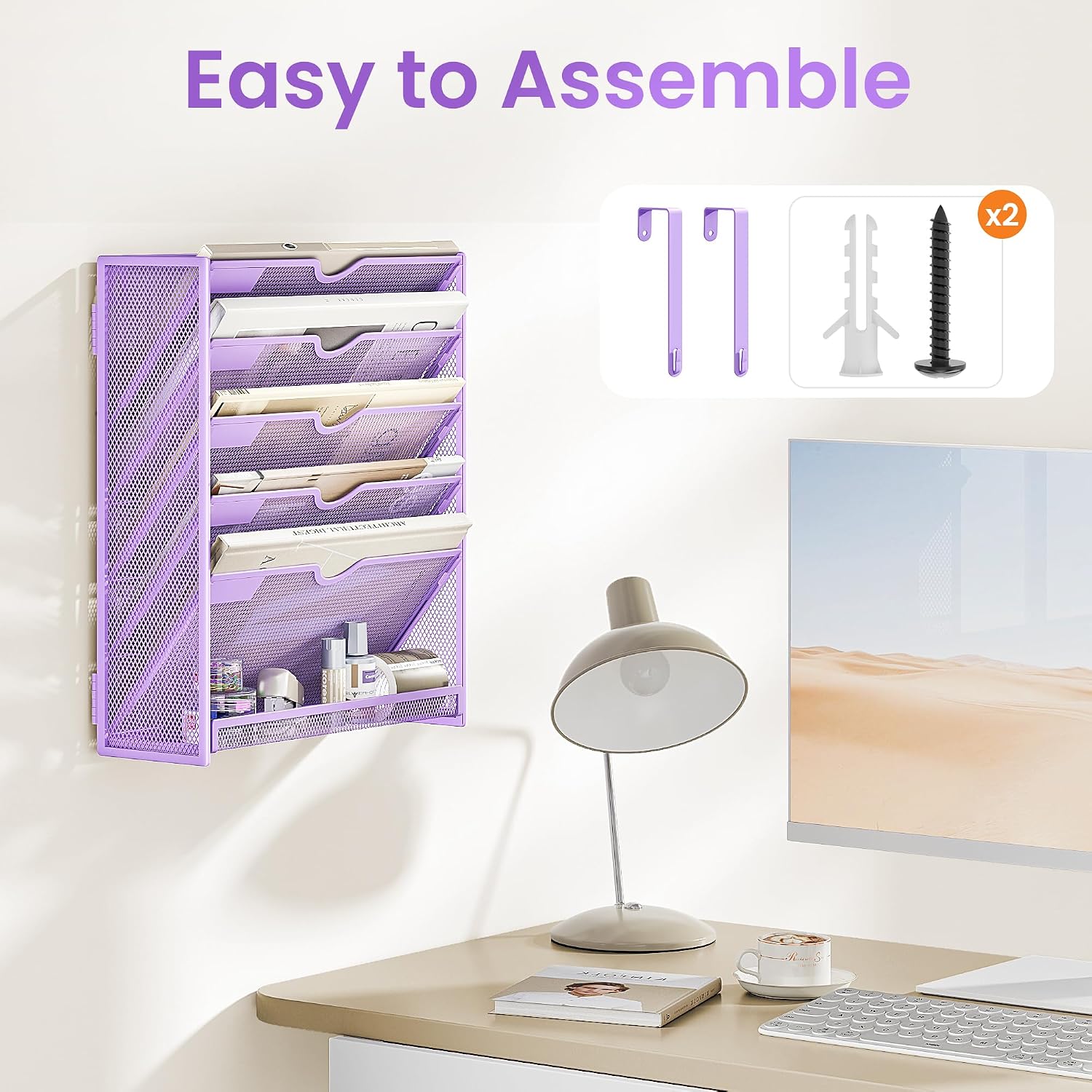 Detalle de SUBEKYU 6-Tier A4 Wall-Mounted File Organiser, Purple Metal Mesh