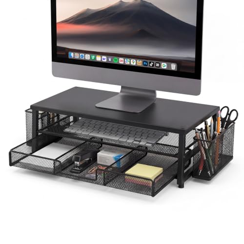 Levede Black Metal Monitor Riser with Three-Section Drawer and Pen Holders