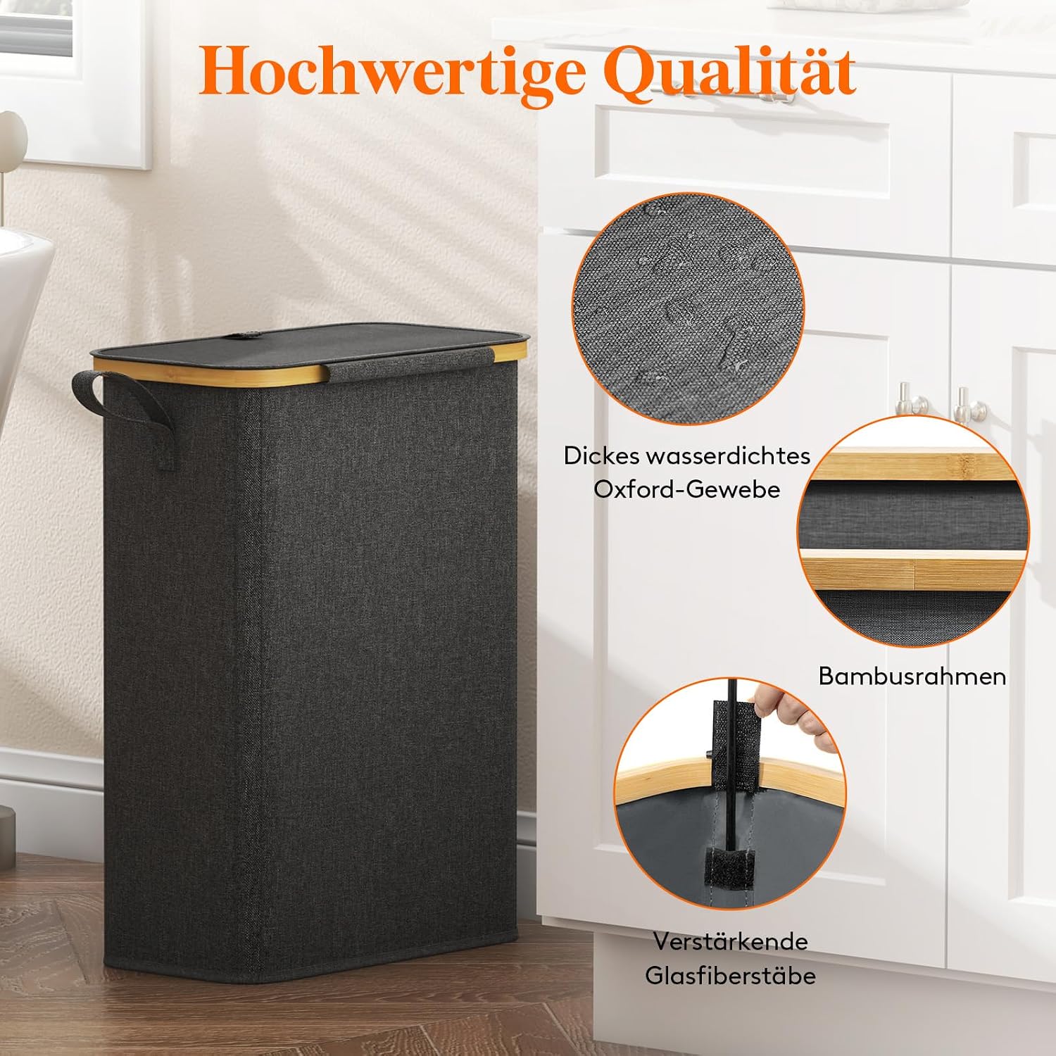 Thumbnail 6 de Lifewit 50L schmaler Wäschekorb mit Deckel aus Bambus & Oxford-Gewebe – faltbar, mit Tragegriff, Schwarz