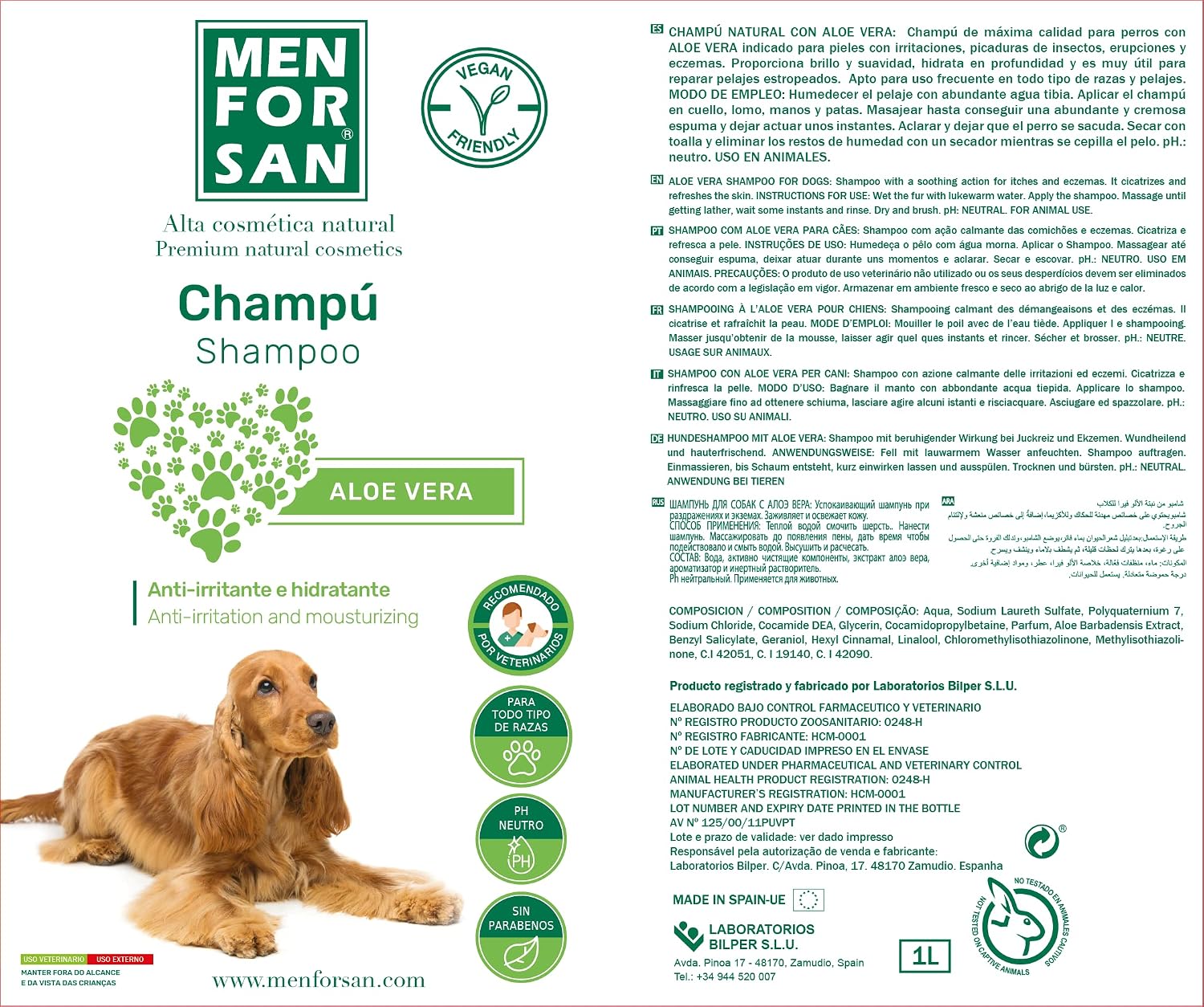 Detalle 2 de MENFORSAN Aloe Vera Shampoo per cani, 1 litro, confezione da 2 – detergente delicato a base di aloe vera