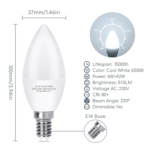 Detalle de Aigostar Bombilla LED C37 forma de vela (E14, 6W) - Blanco Frío 6500K, 510 lúmenes, CRI>80, no regulable, pack 10 uds