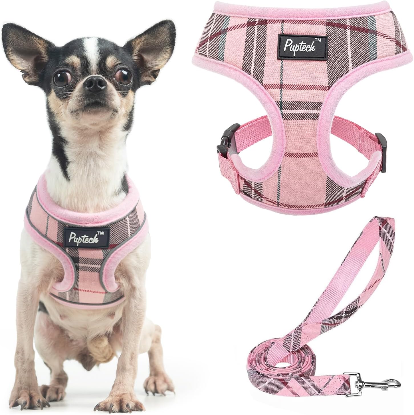 Detalle de PUPTECK BH001_NPINKXS XS Dog Harness and Leash Set, Light Pink Plaid