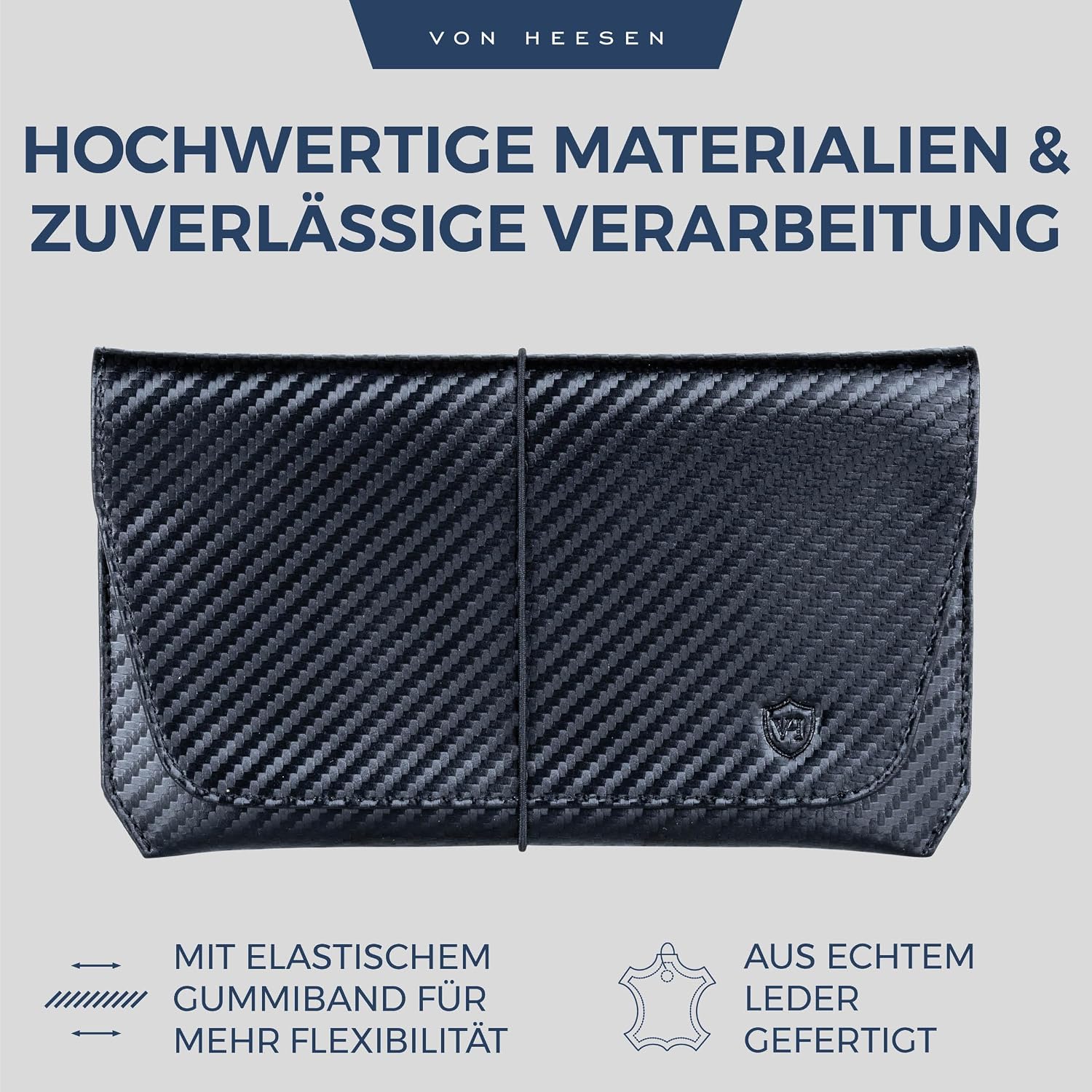 Detalle de VON HEESEN Leder Reisepasshülle mit RFID-Schutz – Carbon Schwarz aus echtem Leder