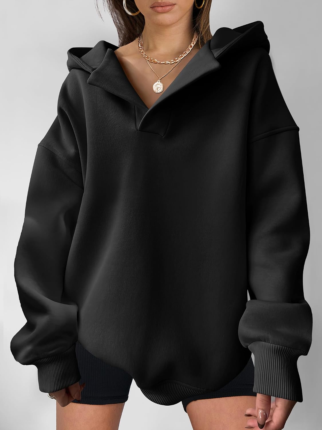 Detalle de ANRABESS Womens Oversized V-Neck Hoodie 2025