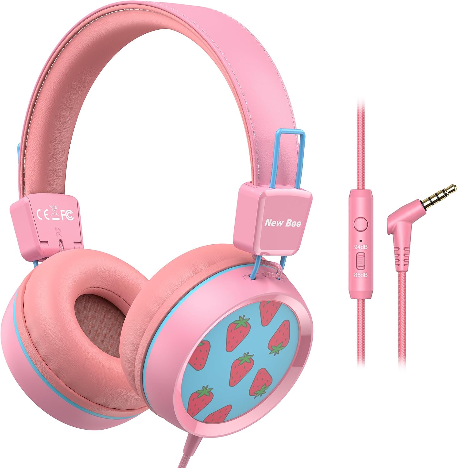 Detalle de New Bee KH20 Kids Wired Headphones with Microphone (Pink) – Safe Volume, Foldable & Lightweight