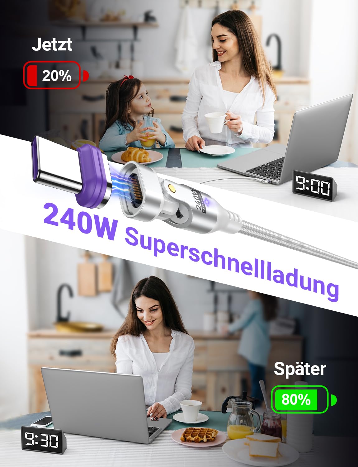 Thumbnail 6 de AUFU 240W Magnet USB‑C Ladekabel – 2er Set (1 m + 1,8 m) mit magnetischer Schnellladung und 480 Mbps Datentransfer