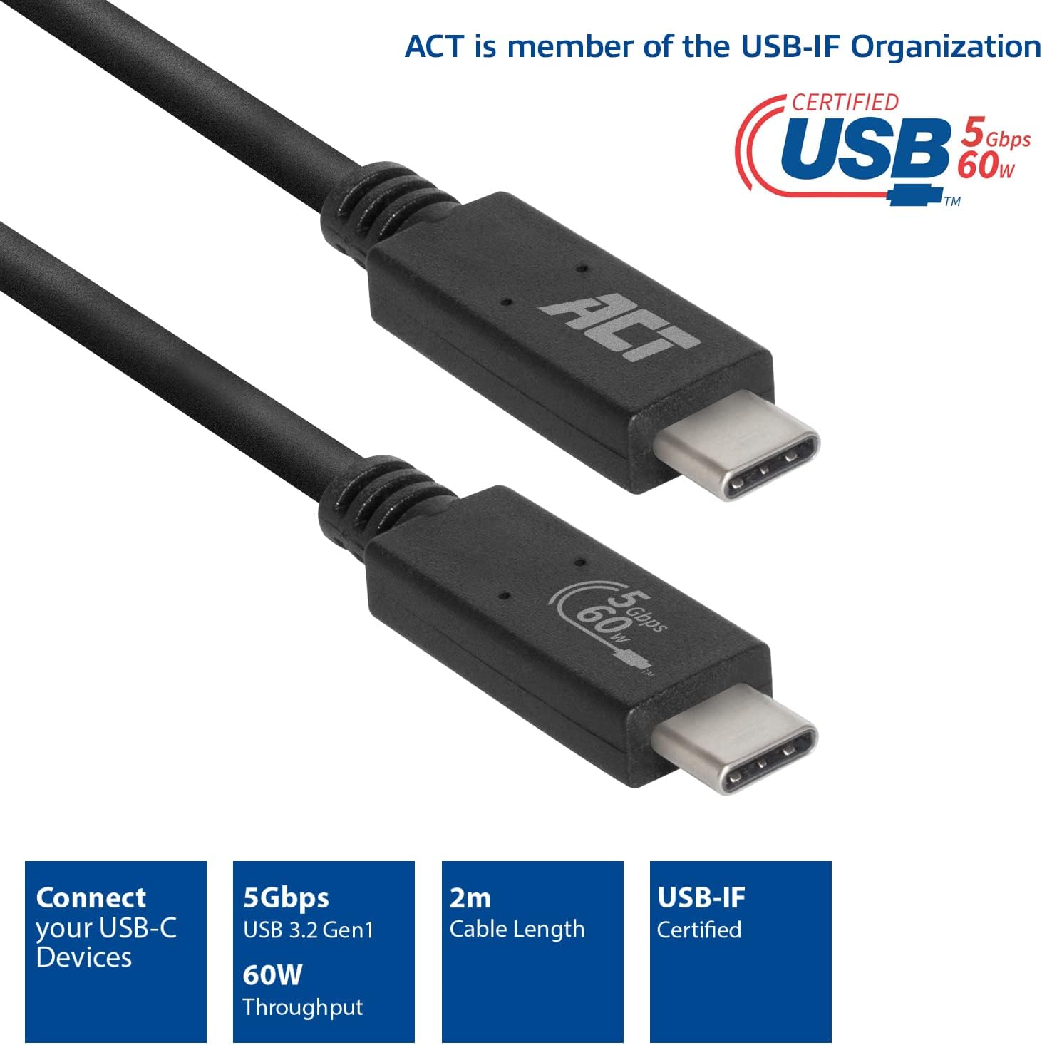 Detalle de ACT USB C Video Kabel 2m – USB-C Kabel mit 60W PD, 5 Gbps, DP Alt Mode, USB-IF Zertifizierung