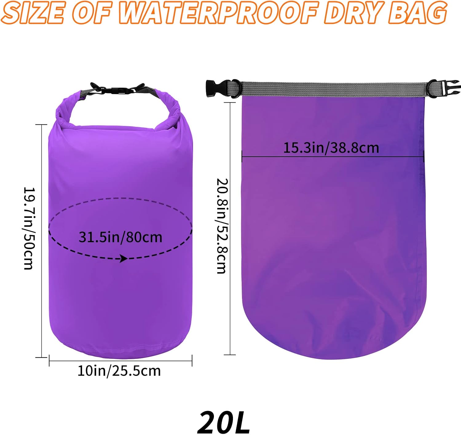 Detalle de Desoto 2-pack waterproof dry bags (20L) for hiking, fishing and water sports in purple