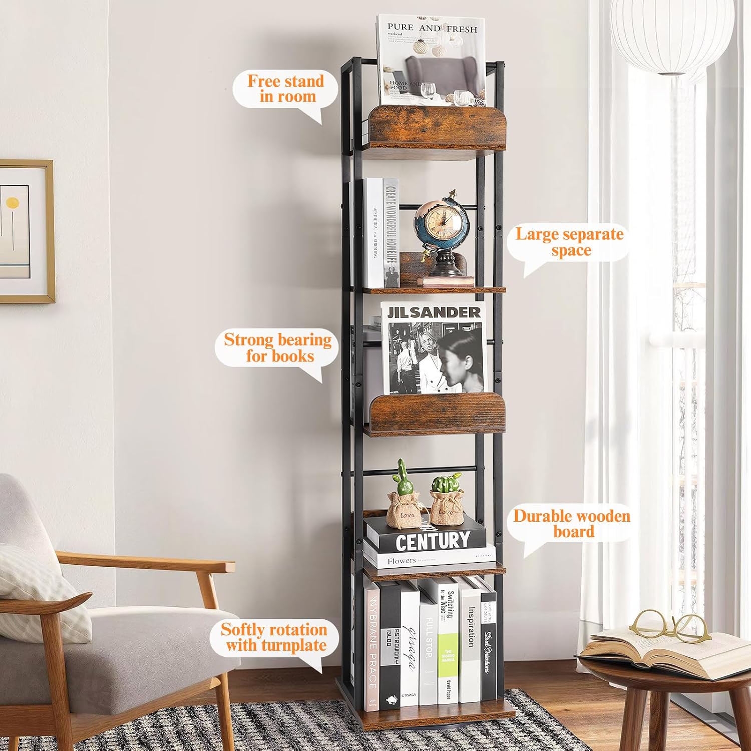 Thumbnail 5 de Bikoney 5-Tier Rotating Corner Bookshelf