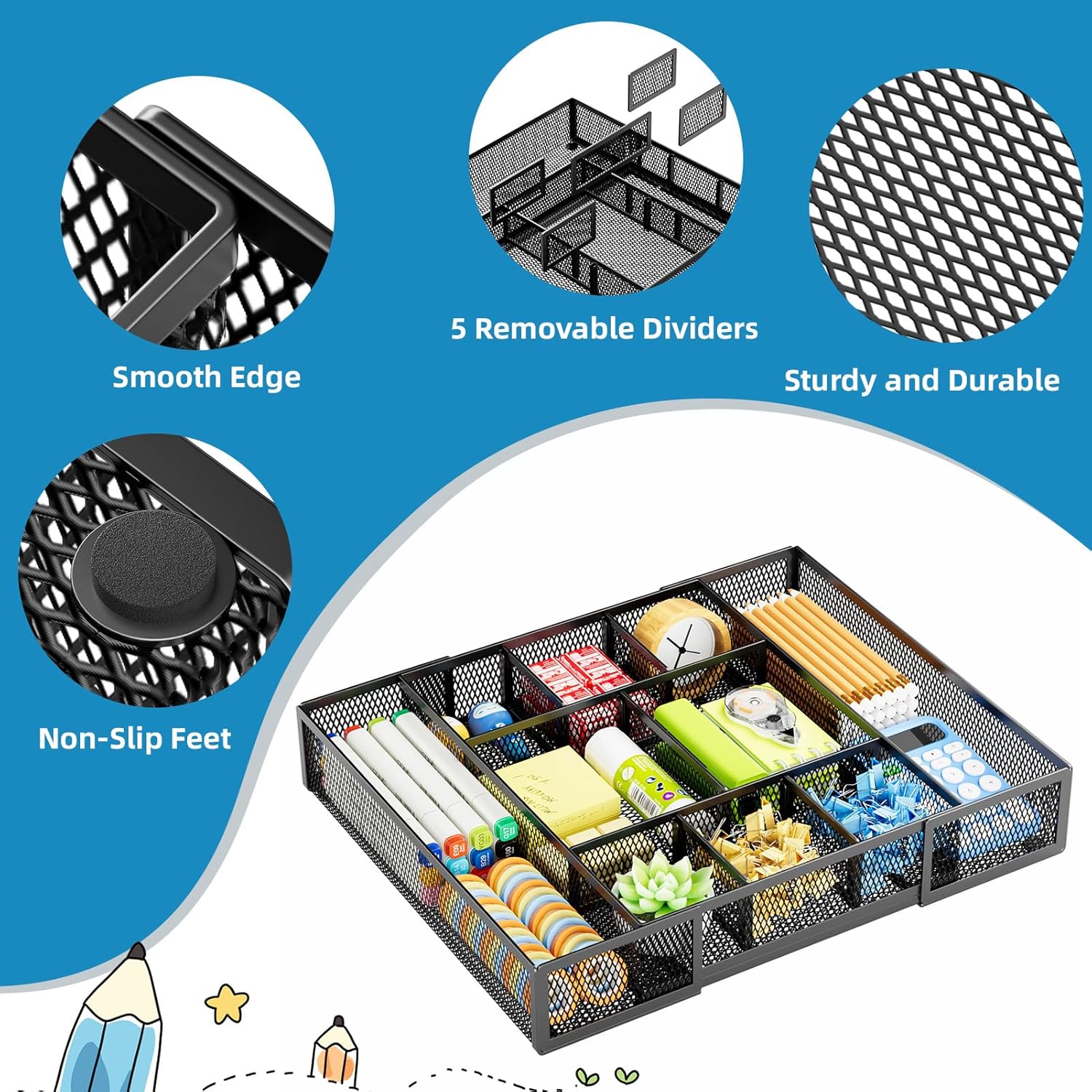 Detalle de Marbrasse Black-2P Expandable Mesh Desk Drawer Organizer, 10 Compartments