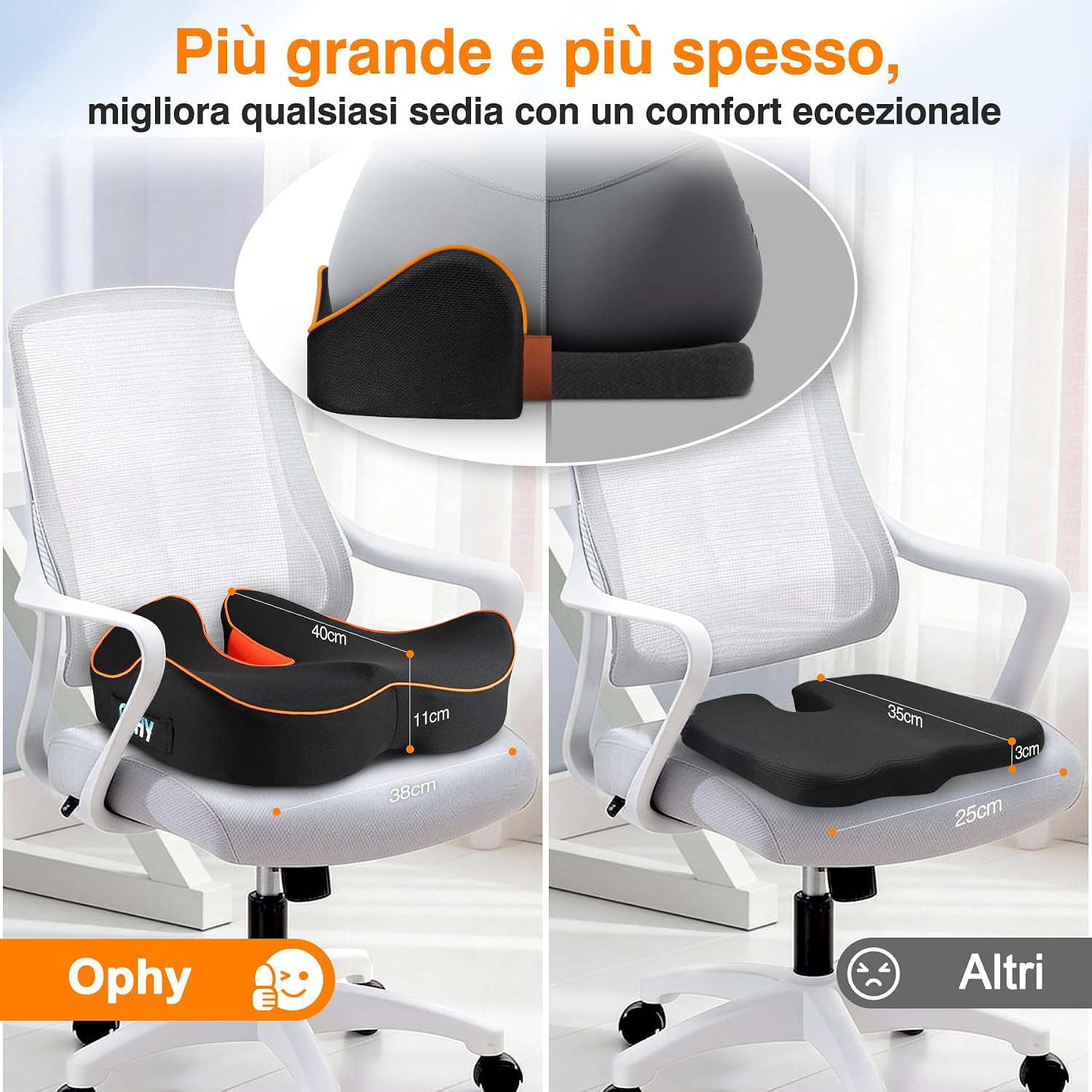 Detalle de Ophy Cuscino Sedia Ufficio: Memory Foam per comfortevole seduta su scrivania, auto e viaggio
