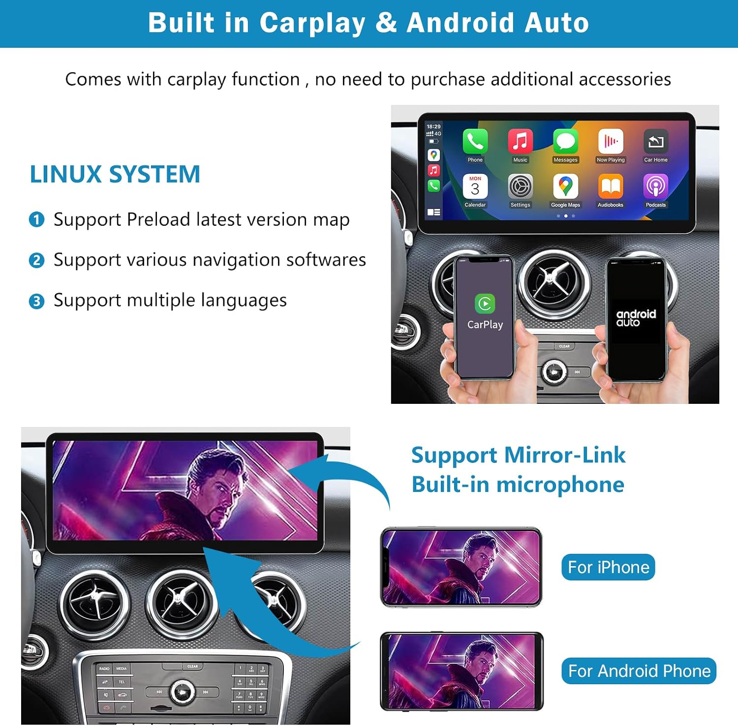 Detalle de Ninetom autoradio da 12,3 pollici per Mercedes Classe A/GLA/CLA (2016-2018) con CarPlay, Android Auto e GPS