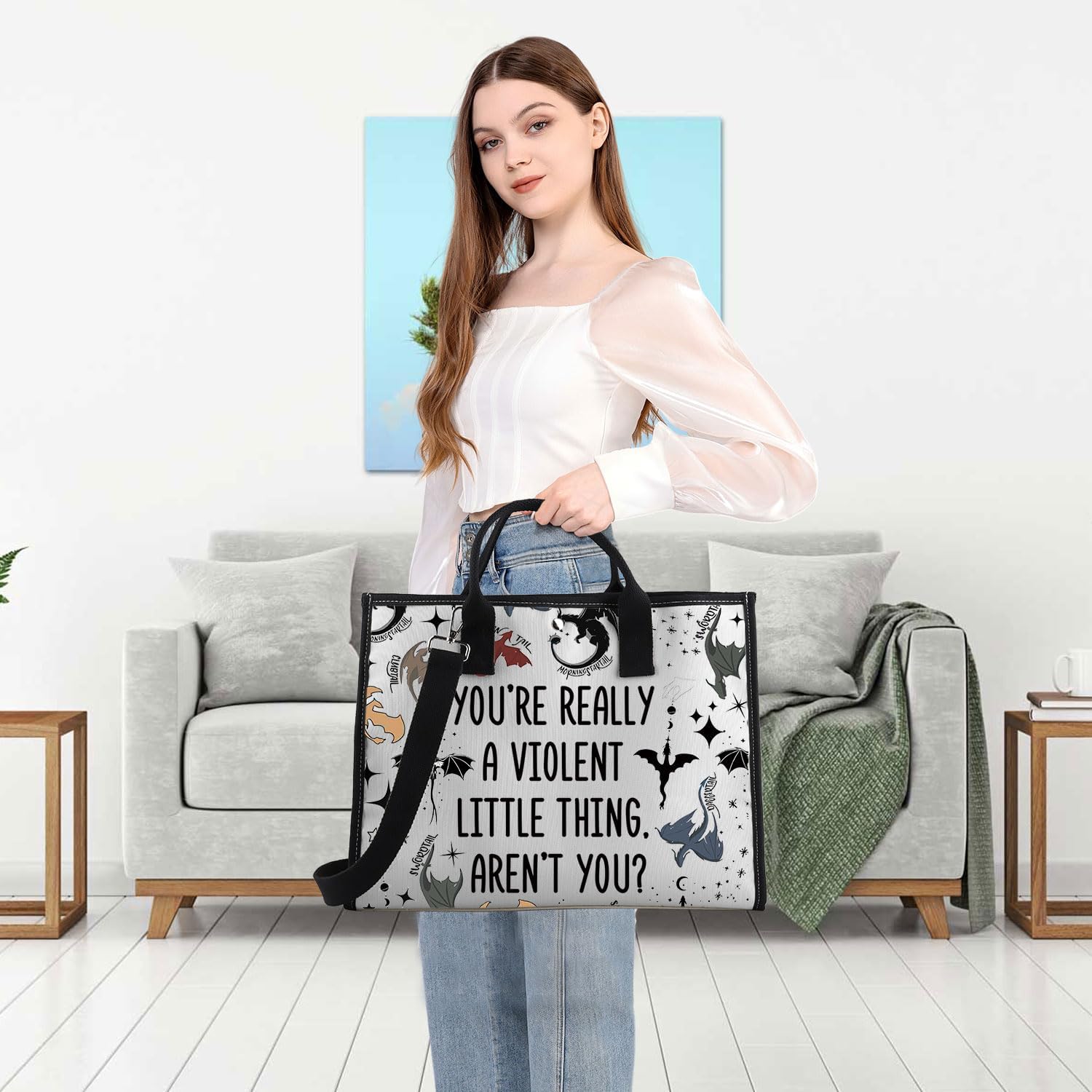 Detalle de PLITI Fourth Wing tote bag – Dragon Rider quote design for fans (soft canvas, waterproof coating)