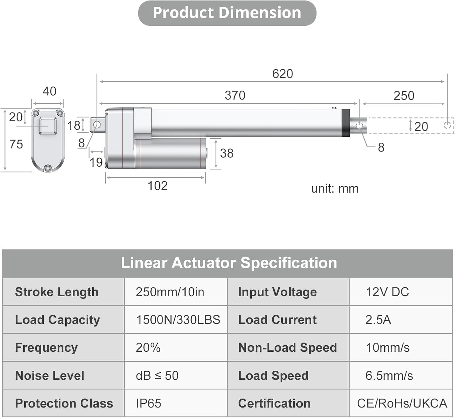 Thumbnail 2 de Justech 1500N DC 12V Linear Motion Actuator with Mounting Bracket (250mm Stroke) for Auto, RV, Industrial Use