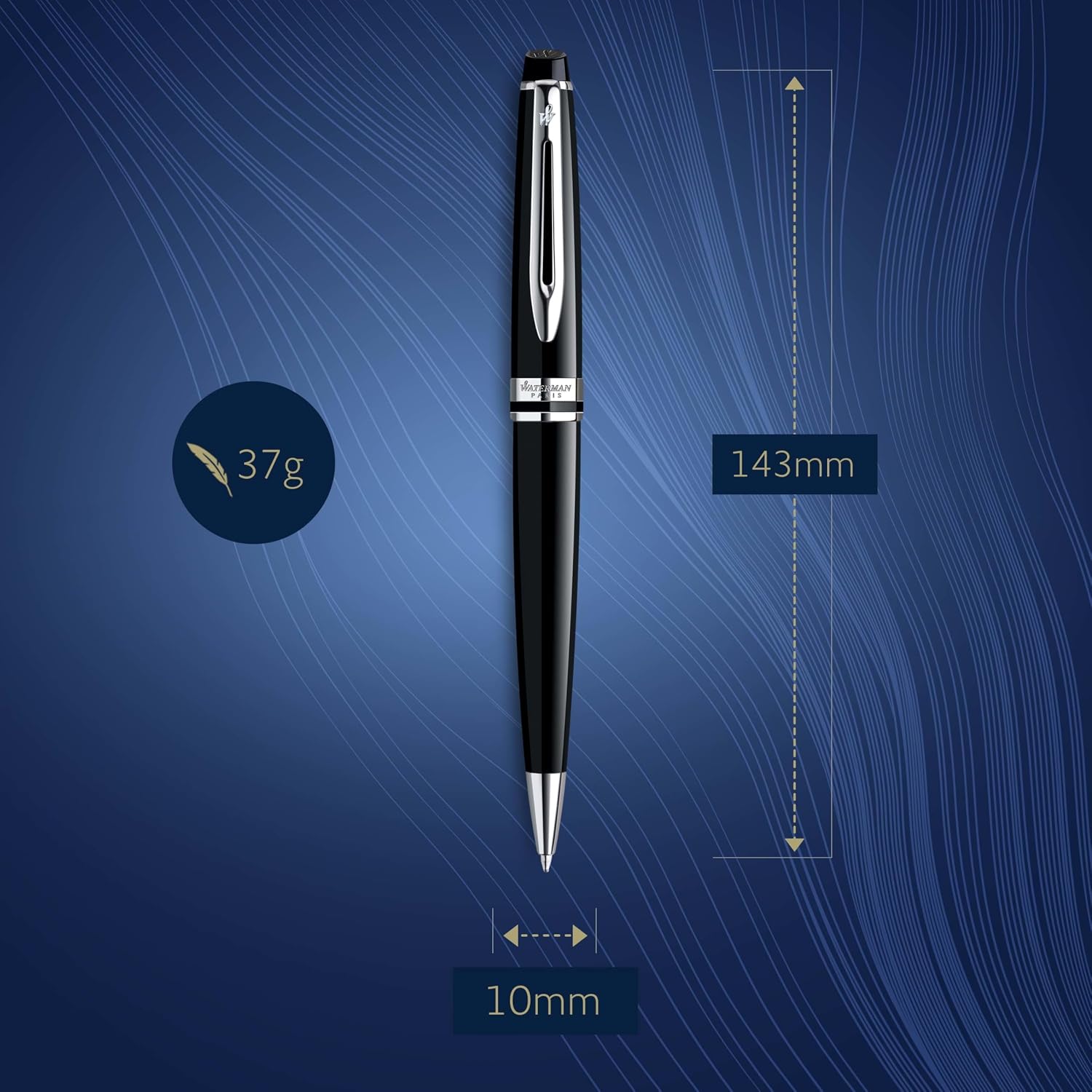 Detalle de Waterman Expert kulspetspenna med mediumspets, blått bläck och svart lack
