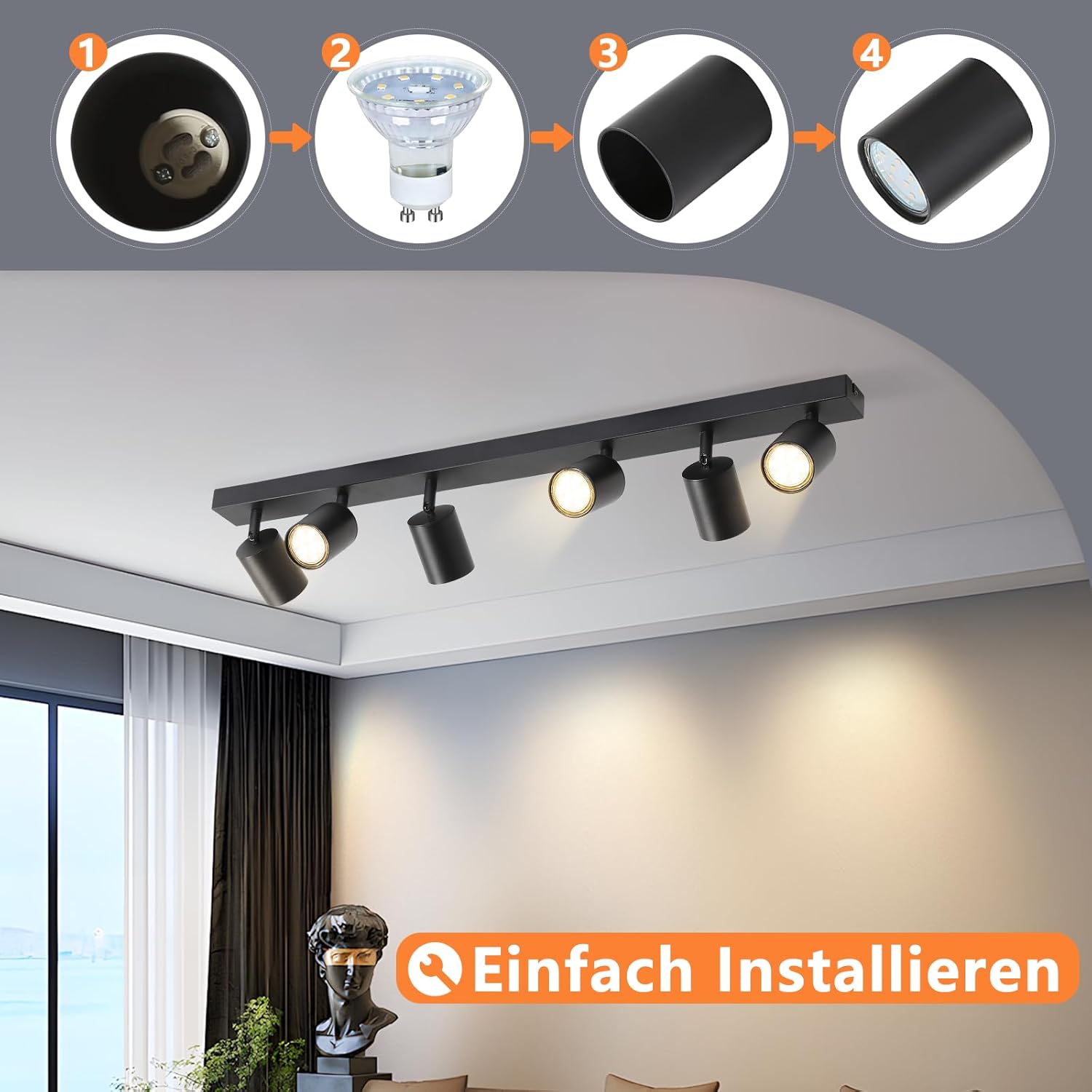 Thumbnail 4 de Homefire LED Deckenstrahler 6-flammig GU10 – Deckenlampe Schwarz, 350° schwenkbar
