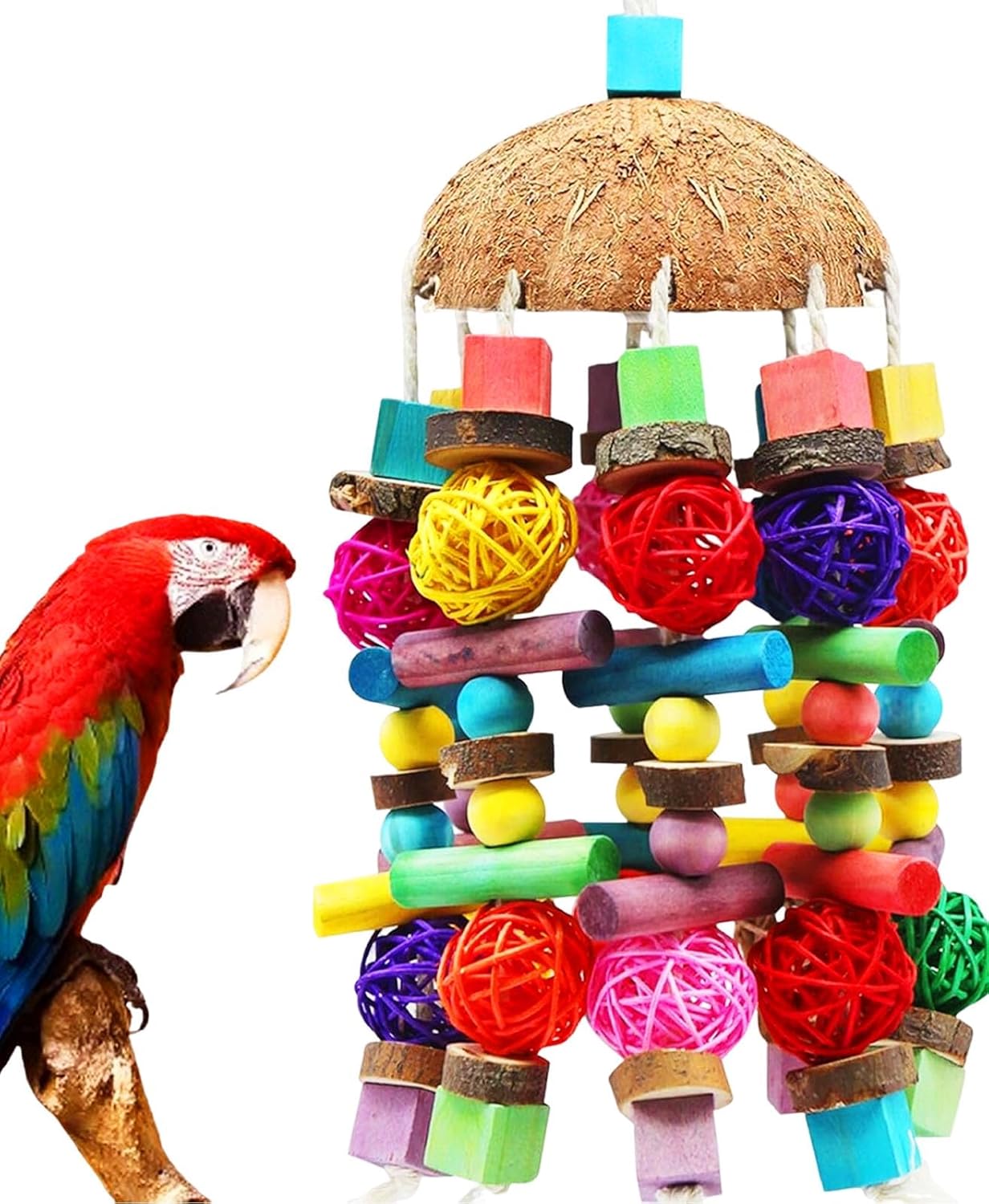 MQUPIN Large Parrot Toys with Coconut Shell – Natural wooden climbing & chewing toy for African Grey