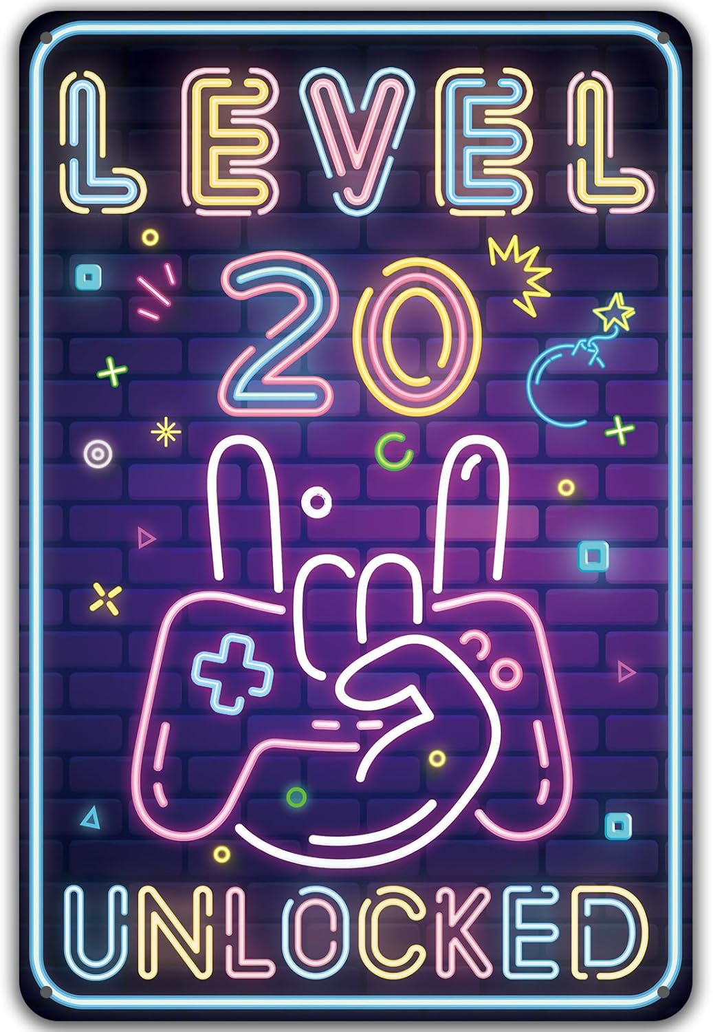 Sinekong Blechschild zum 20. Geburtstag „Level 20 UNLOCKED“ – Gamer Geburtstagsdeko mit vorgebohrten Löchern (20 x 30 cm)