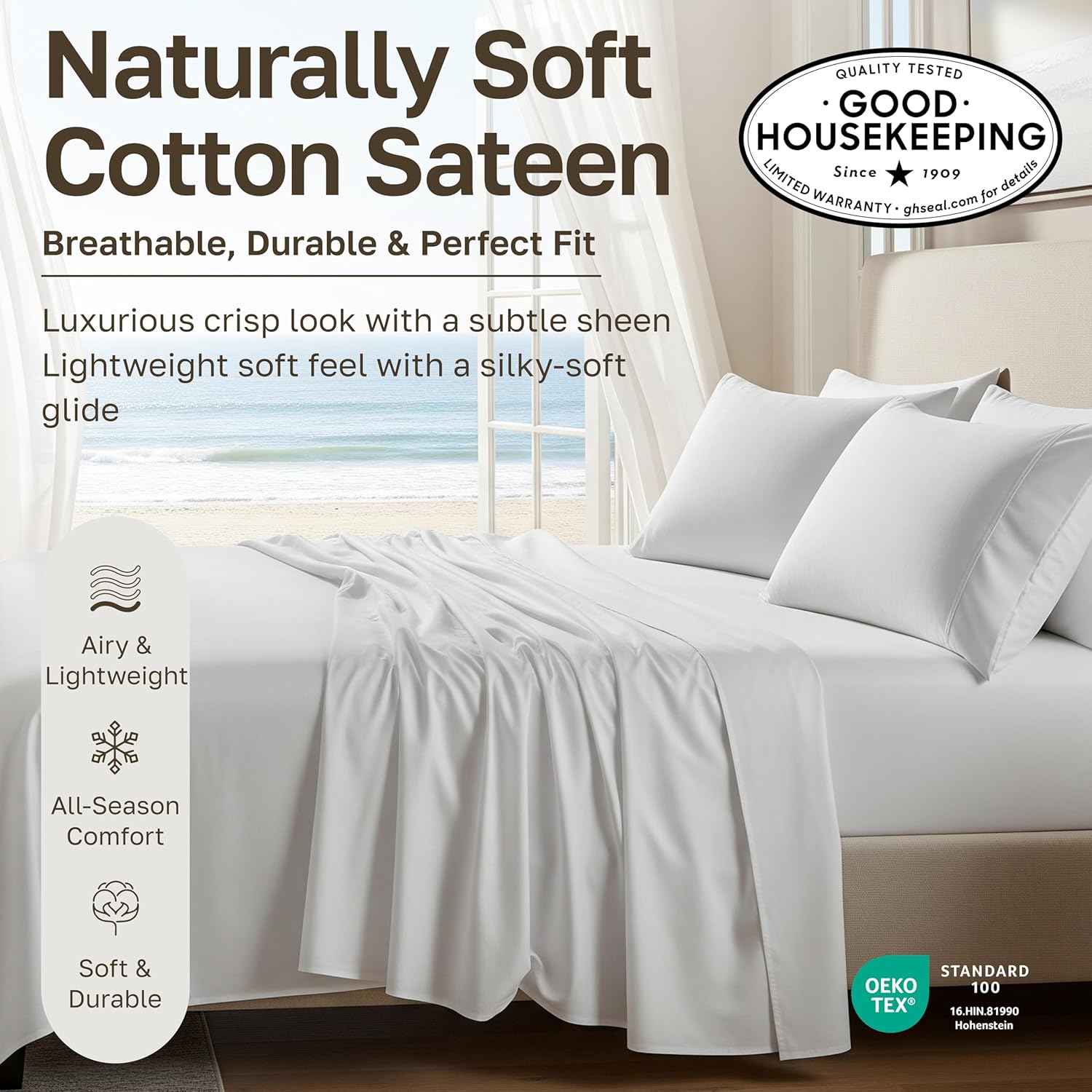 Thumbnail 2 de California Design Den Queen Sheet Set (Natural, 100% Cotton Sateen) with Deep Pockets