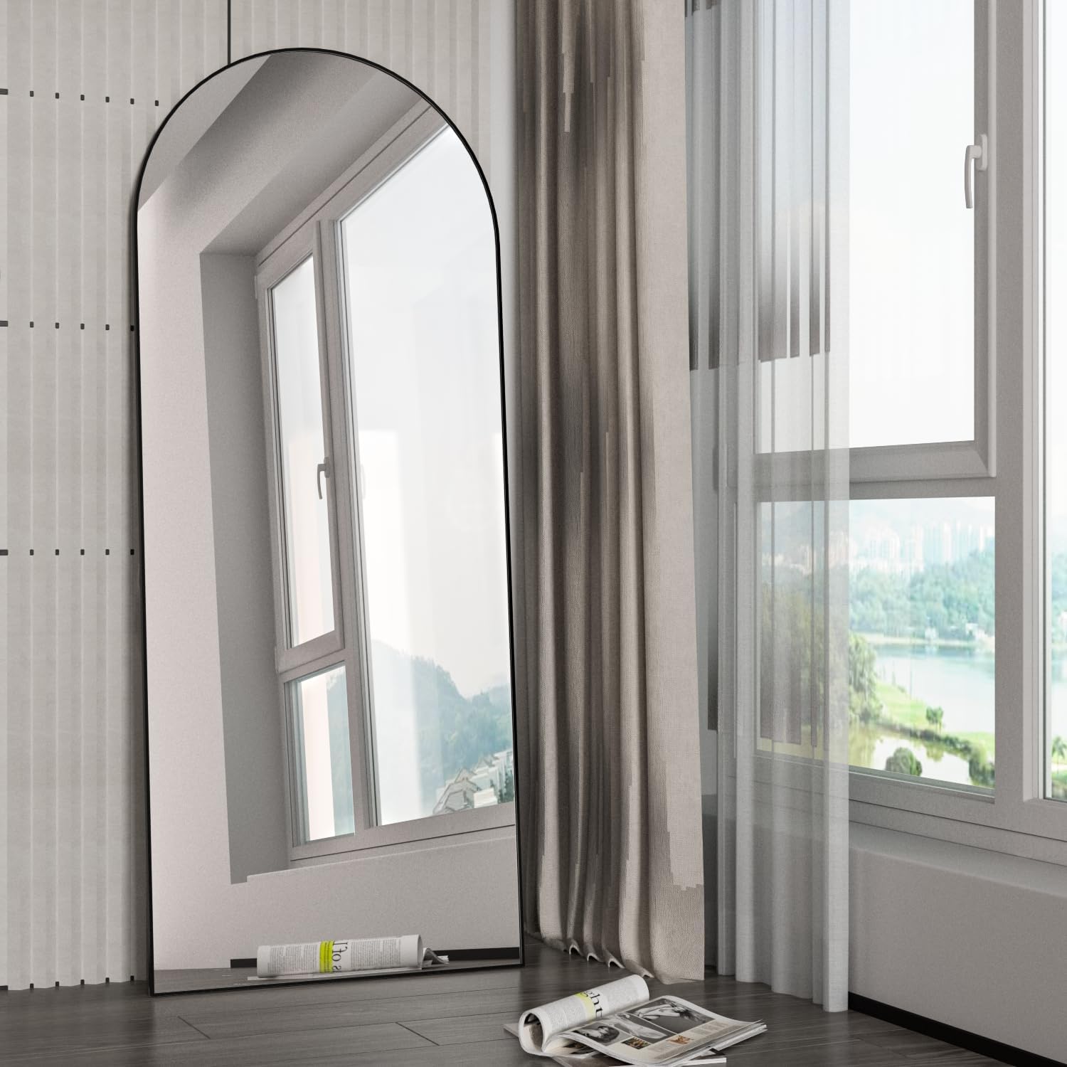 Detalle 2 de NEUWEABY Arched Floor Mirror, 65" x 24", Black Aluminum Frame