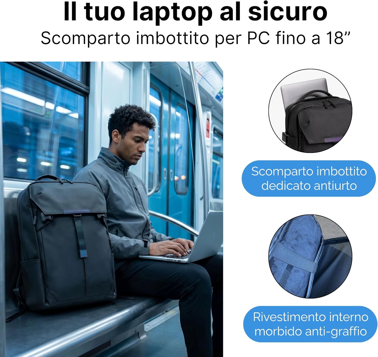 Detalle de MASC Zaino da Viaggio Multitasche 27L: Impermeabile ed Ergonomico con Vano PC 18