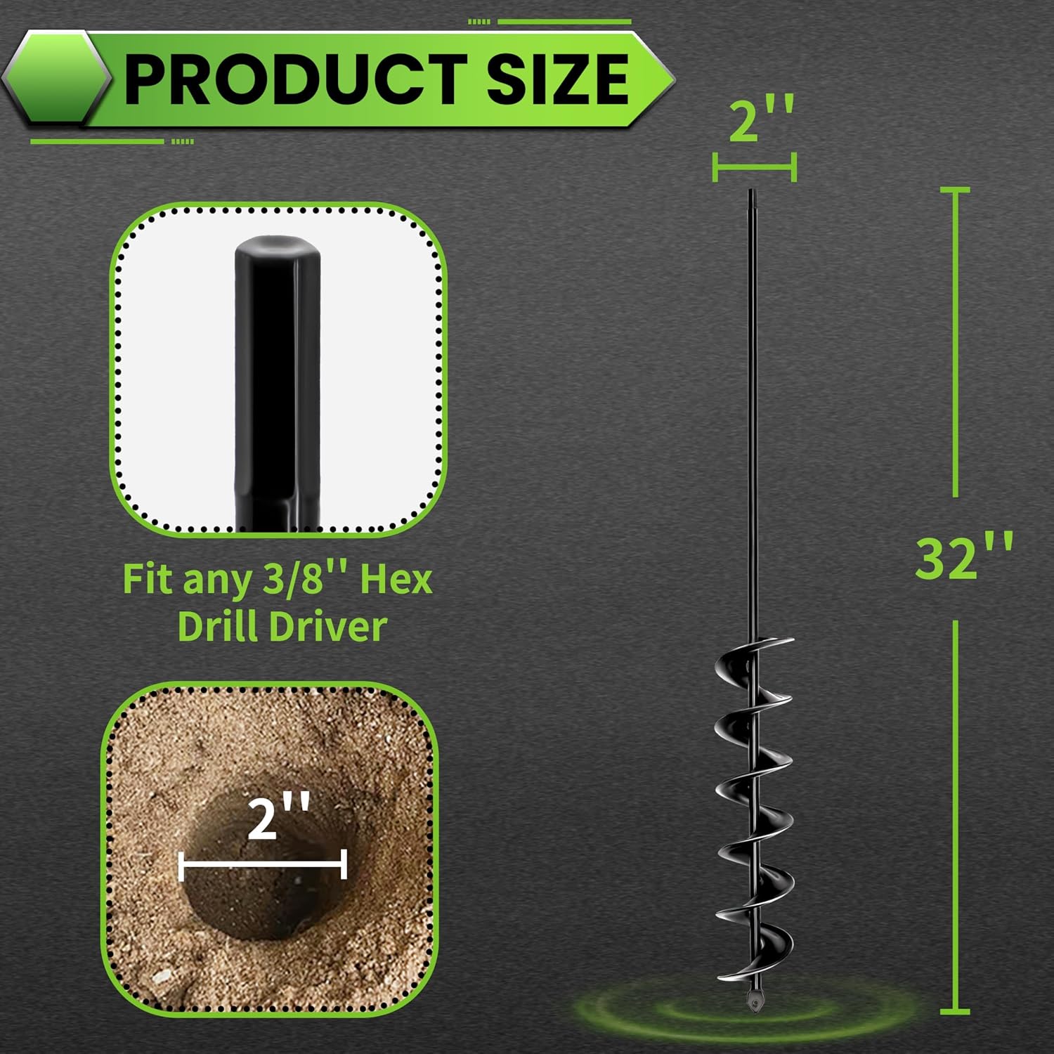 Detalle 2 de SYITCUN 2" x 32" Garden Auger Drill Bit, Spiral Steel, 3/8" Hex