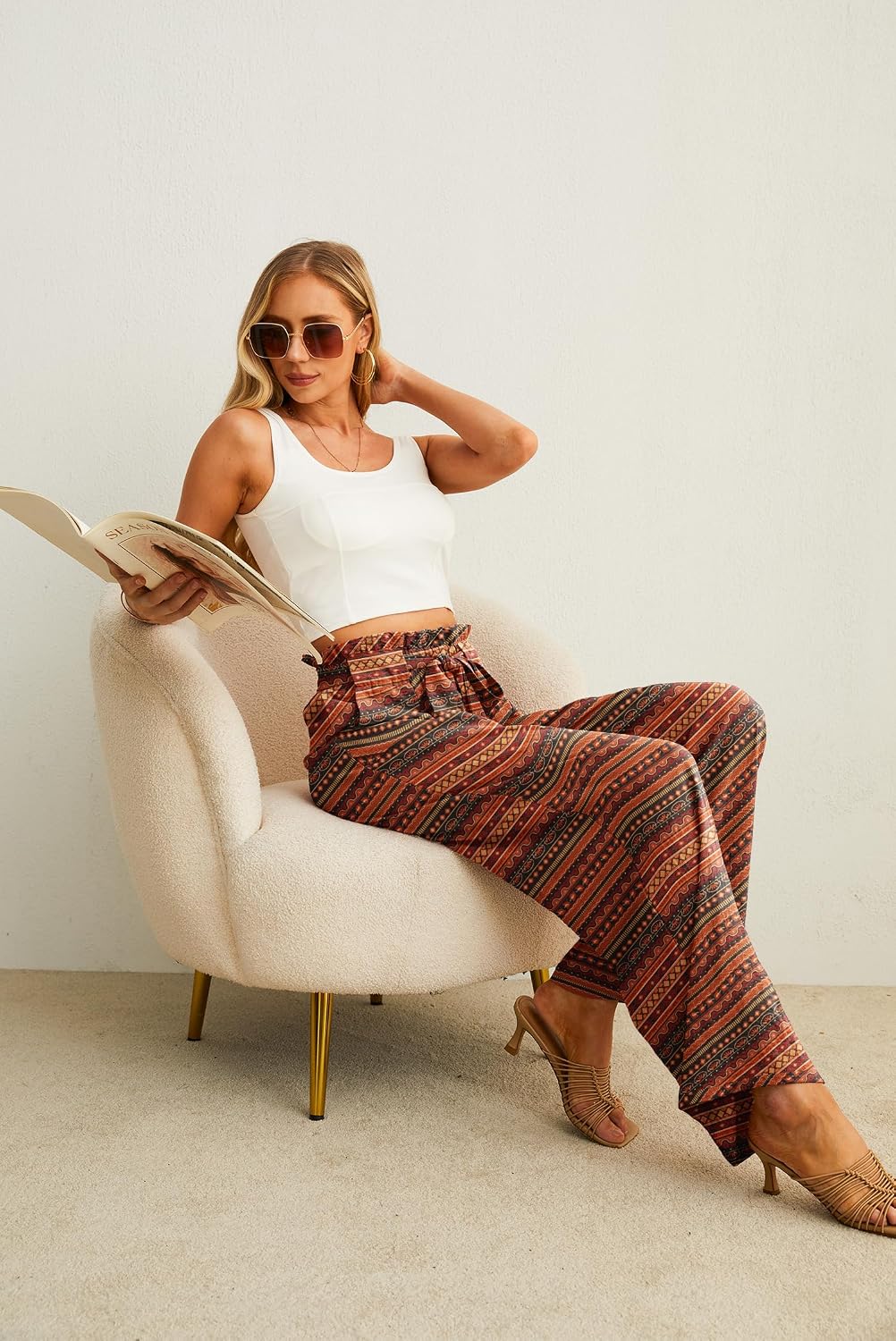 Detalle de IWOLLENCE Women High Waist Palazzo Pants with Adjustable Knot: Flowy Comfort for Beach, Work, and Beyond