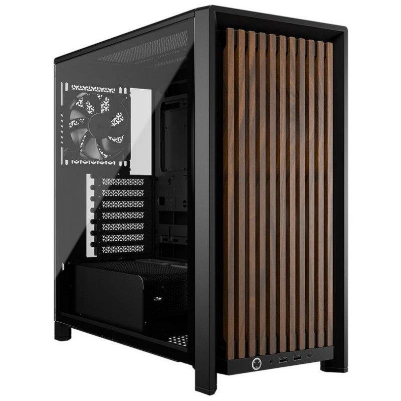 Detalle de Corsair FRAME 4000D Wood RS: chasis modular con panel de nogal y 4 ventiladores PWM