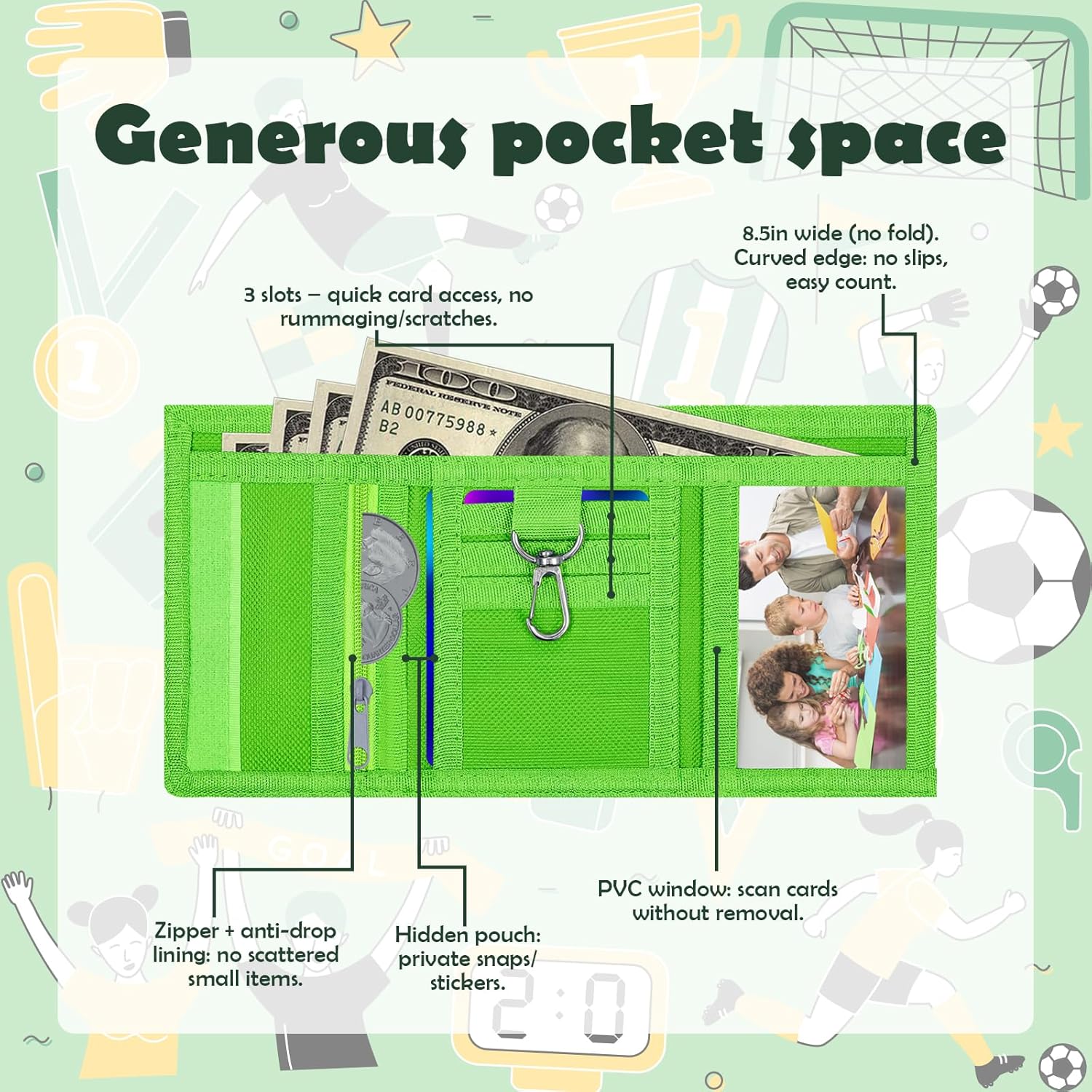 Detalle de Sundee Trifold Football Wallet for Kids – Canvas Soccer Wallet with ID Window, Card Slots and Coin Pocket