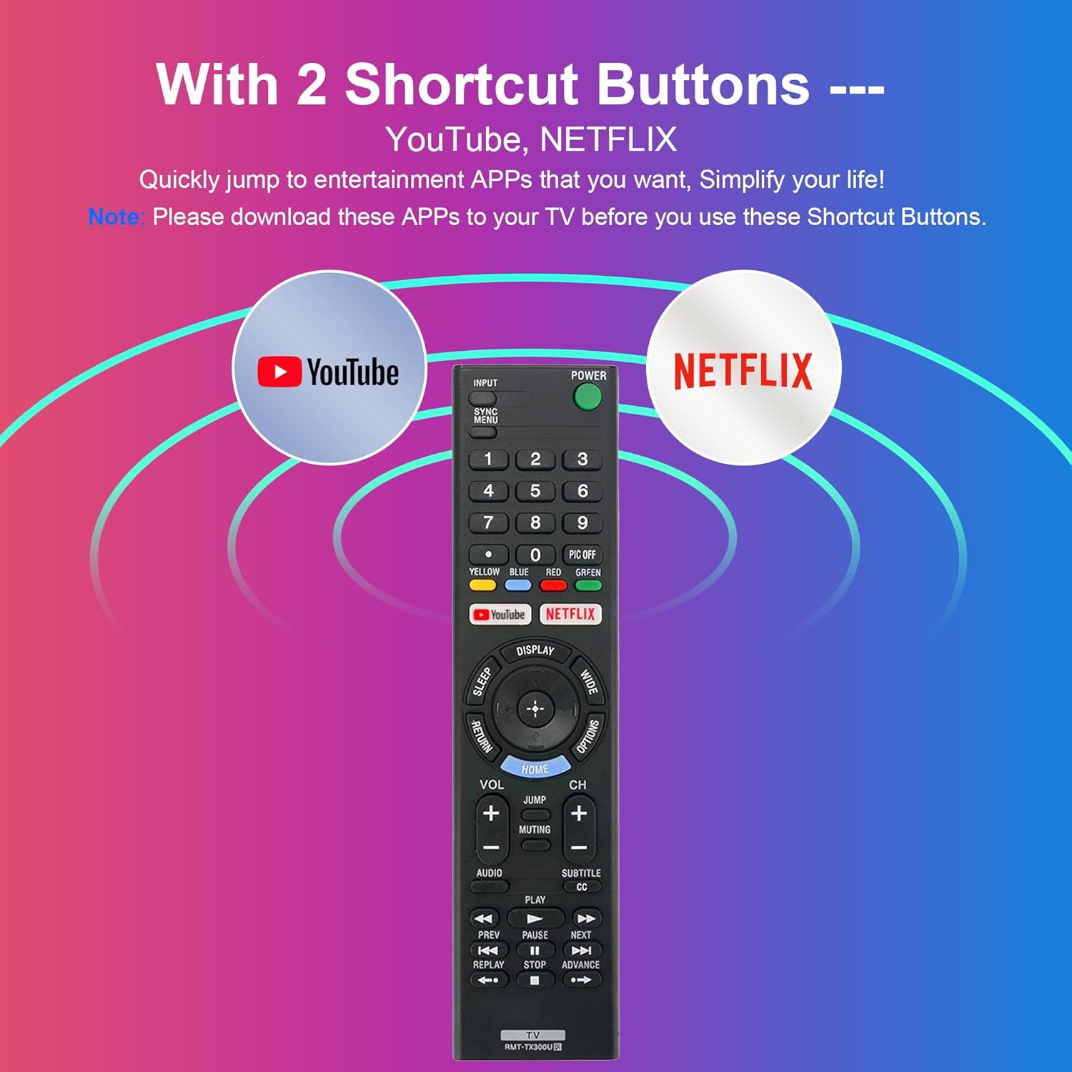 Detalle 1 de ZYK Universal Remote Control for Sony TV (RMT-TX300U / RMT-TX100U Replacement) with YouTube & Netflix Buttons