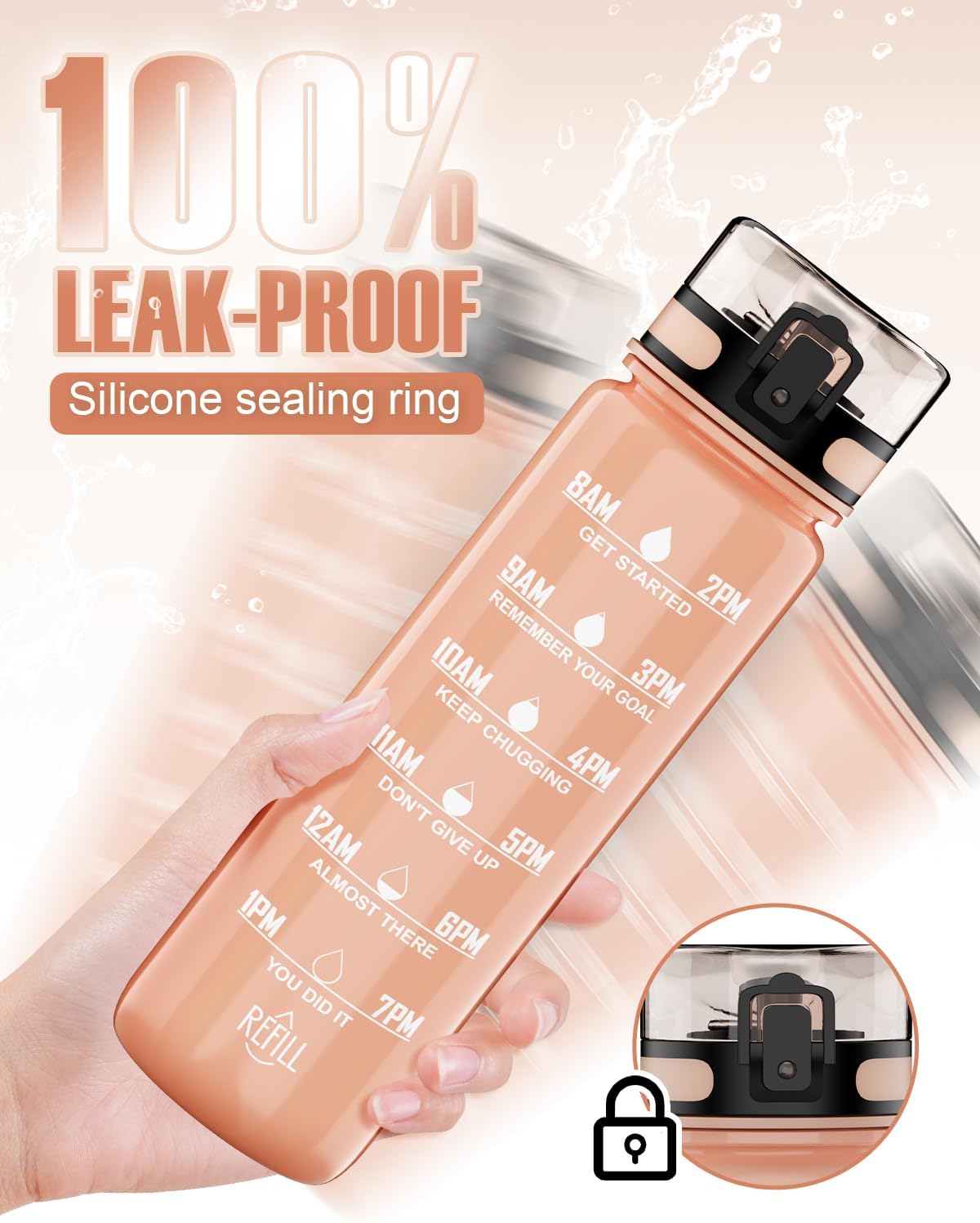 Thumbnail 1 de QIVORO 1-Litre Water Bottle (Pink) – BPA-free Tritan with Time Markers