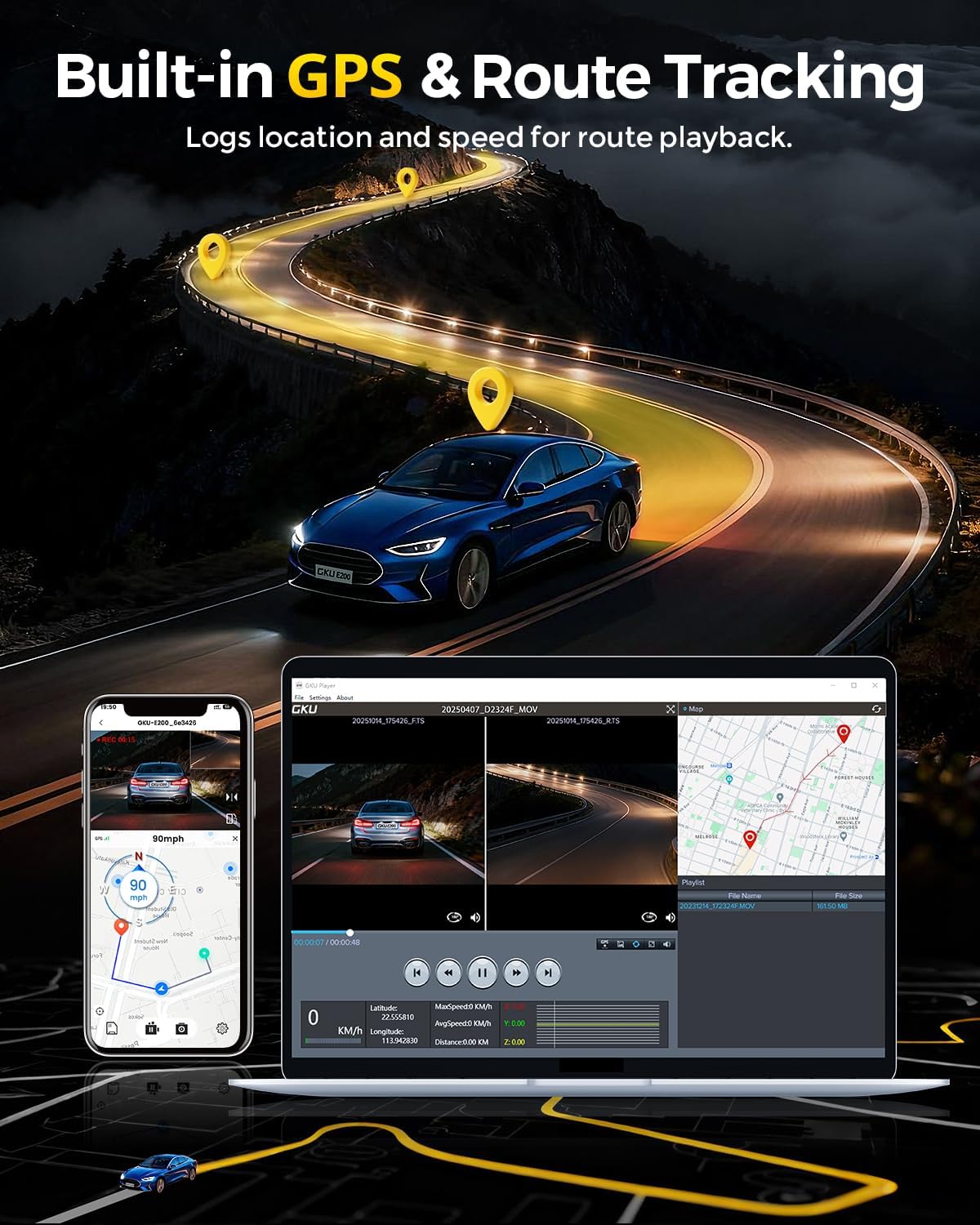 Detalle de GKU 4K+4K Front and Rear Dash Cam with STARVIS 2 IMX675, 5.8GHz WiFi 6, GPS & 24/7 Parking Mode (3" IPS, 128GB included)