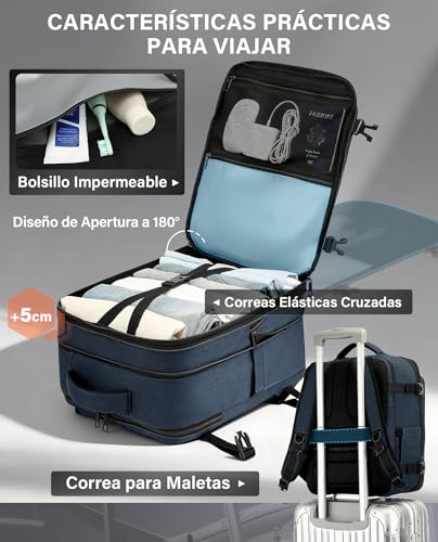 Detalle de Mochila VANKEV para cabina: extensión de 24–30 L y compatibilidad con normas de aerolíneas (40x30x20/25 cm) + portátil 15,6