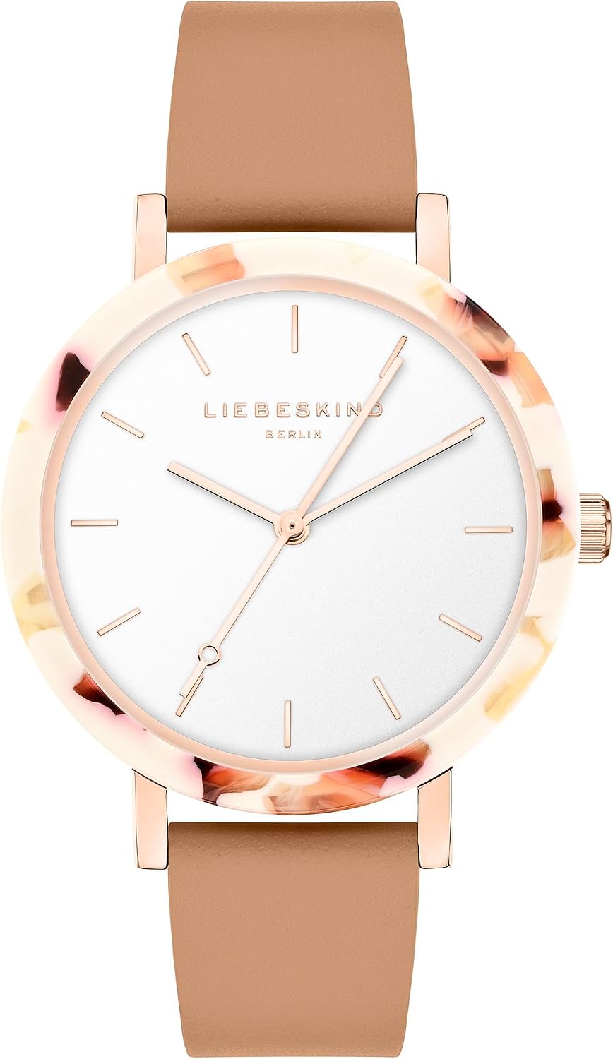 Thumbnail 6 de LIEBESKIND Damen-Armbanduhr mit rundem Gehäuse, gemustertem Acetat-Topring und Lederband