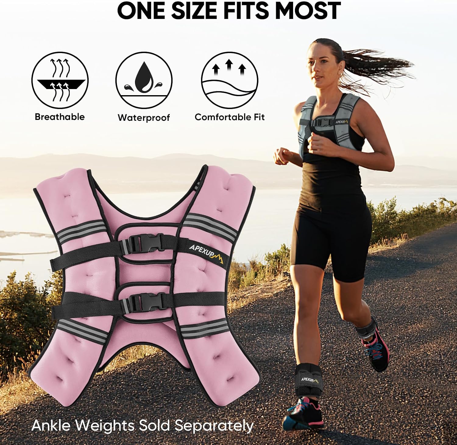 Detalle de APEXUP APEXUP-477 Weighted Vest, 20 lb, Pastel Pink with Reflective Stripes