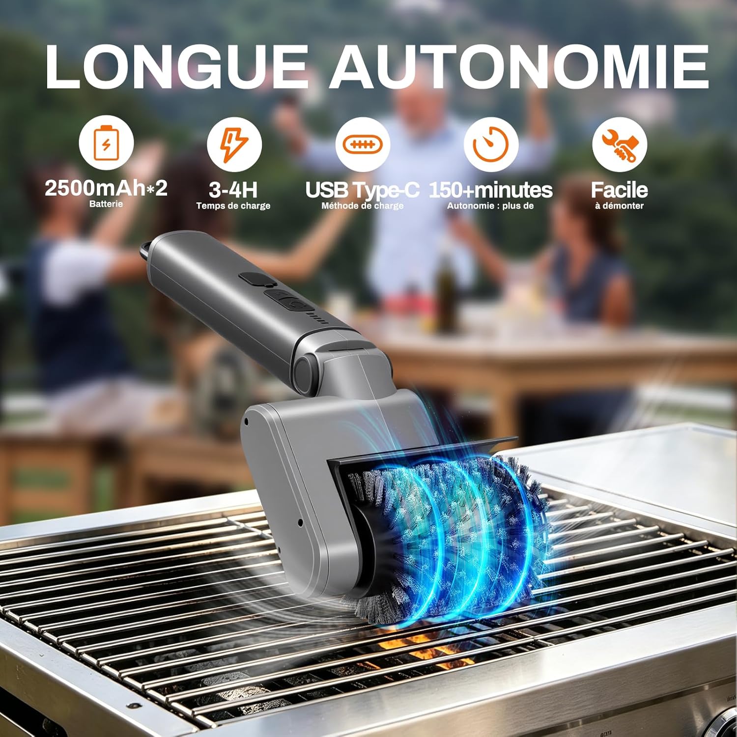 Detalle de Hiwoor Brosse Barbecue Électrique sans Fil 3-en-1 — 150 Min d’autonomie, 3 têtes, 3 vitesses et tête articulée