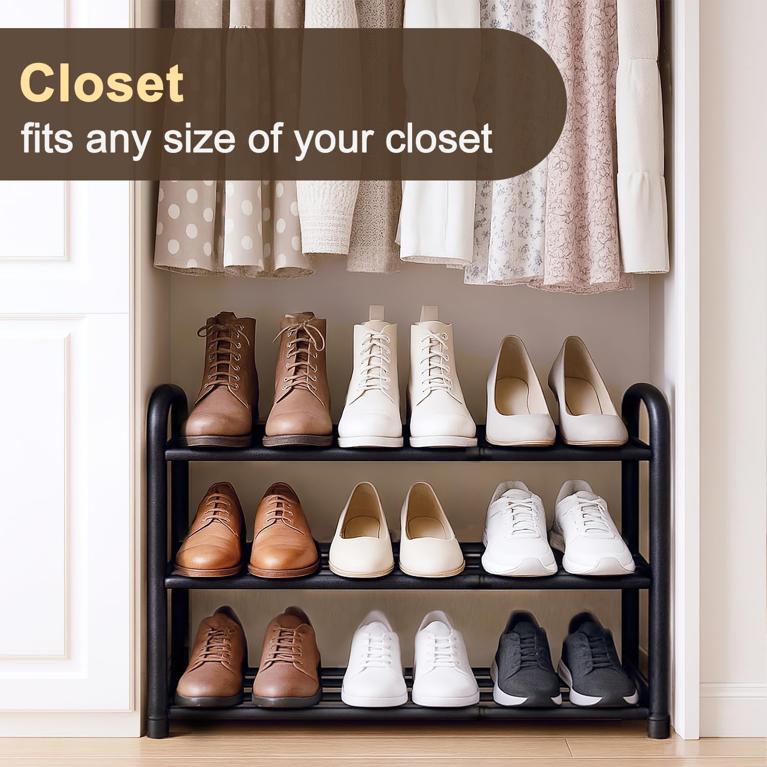 Thumbnail 3 de MIKVOYO 3-Tier Extendable Shoe Rack – Black Metal, Adjustable to Suit Small Spaces