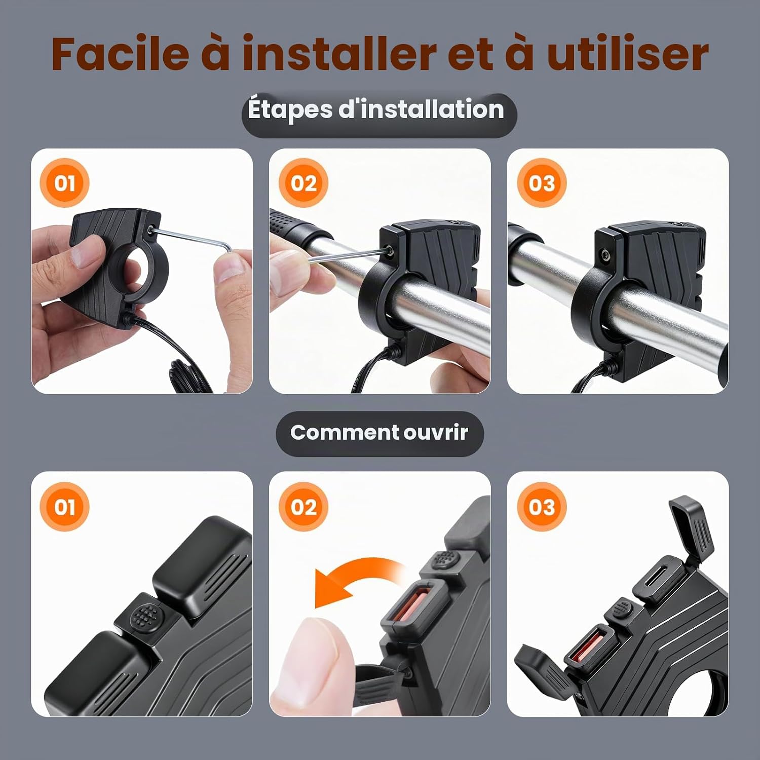 Thumbnail 4 de Chargeur USB moto RUIZHI 12V 48W — PD USB-C et QC USB-A, IP65, kit SAE