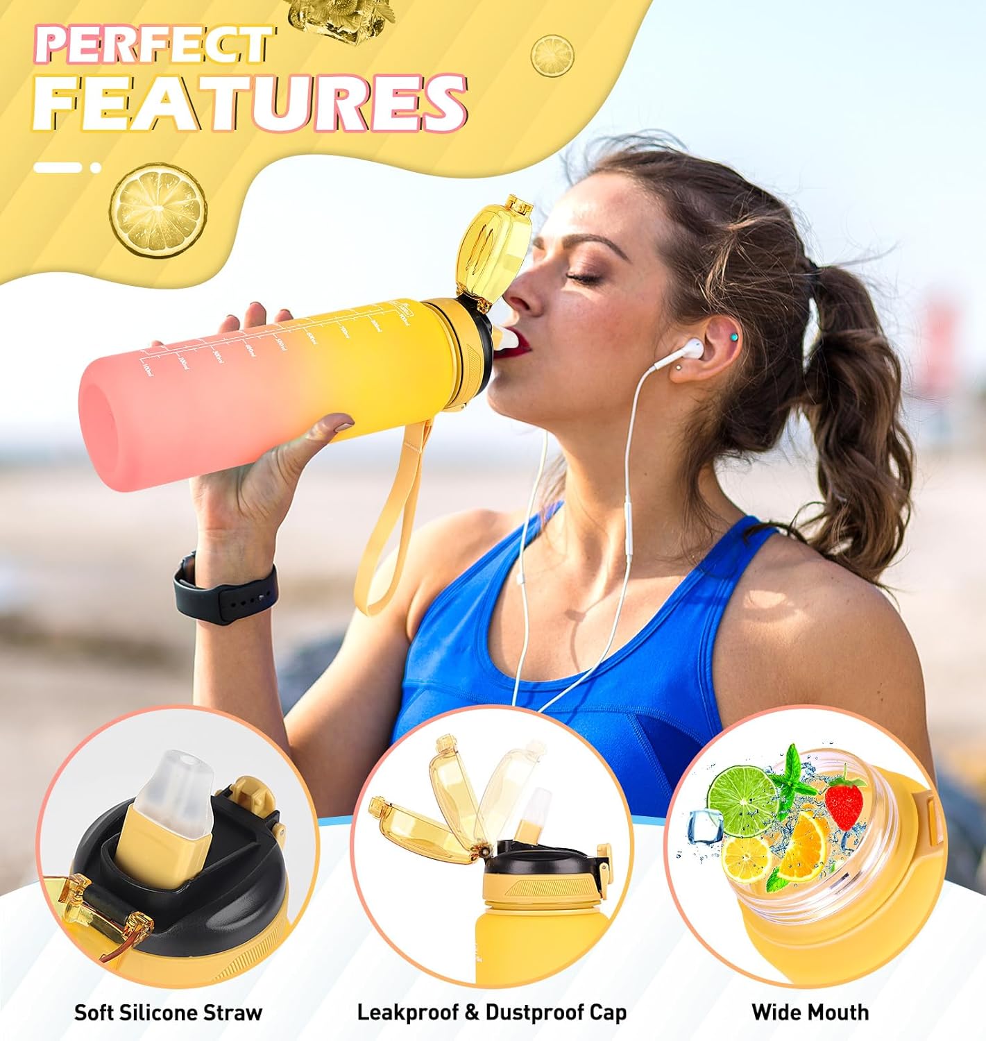 Thumbnail 2 de CodiCile 1L Water Bottle with Straw (leak-proof, dishwasher safe) – time markings & bottle brush, Yellow Pink