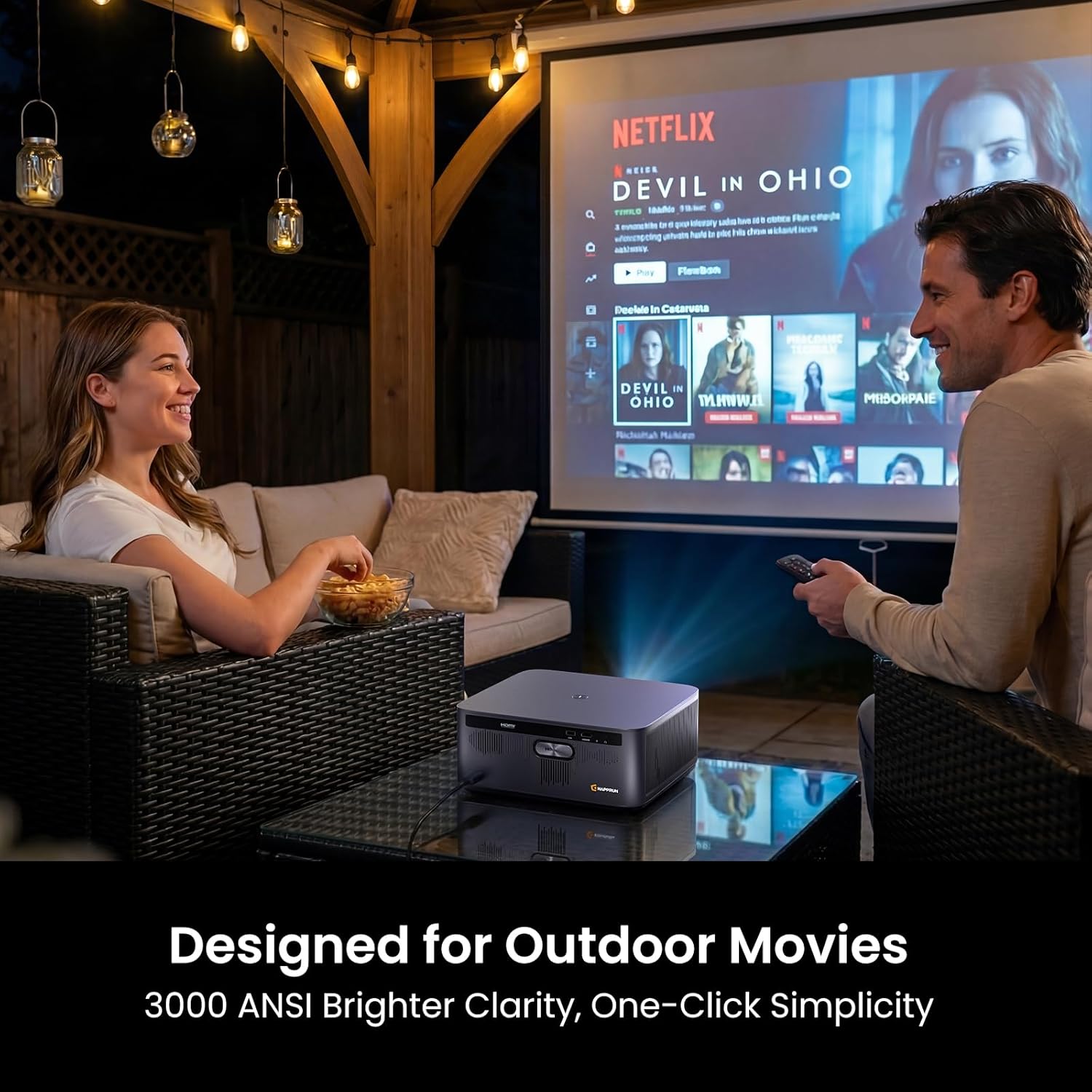 Detalle de HAPPRUN 3000 ANSI Lumens Outdoor Projector with Official Google TV