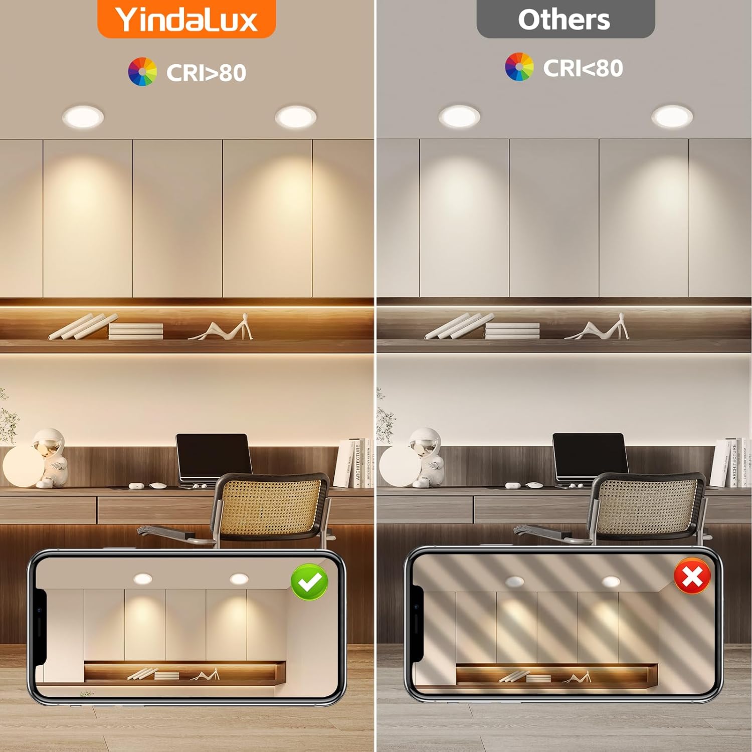 Detalle de YindaLux 3er-Set LED-Einbaustrahler 230V, 3W, 3000K (3 x 300 lm), IP44 – ultra flach für Möbeleinbau