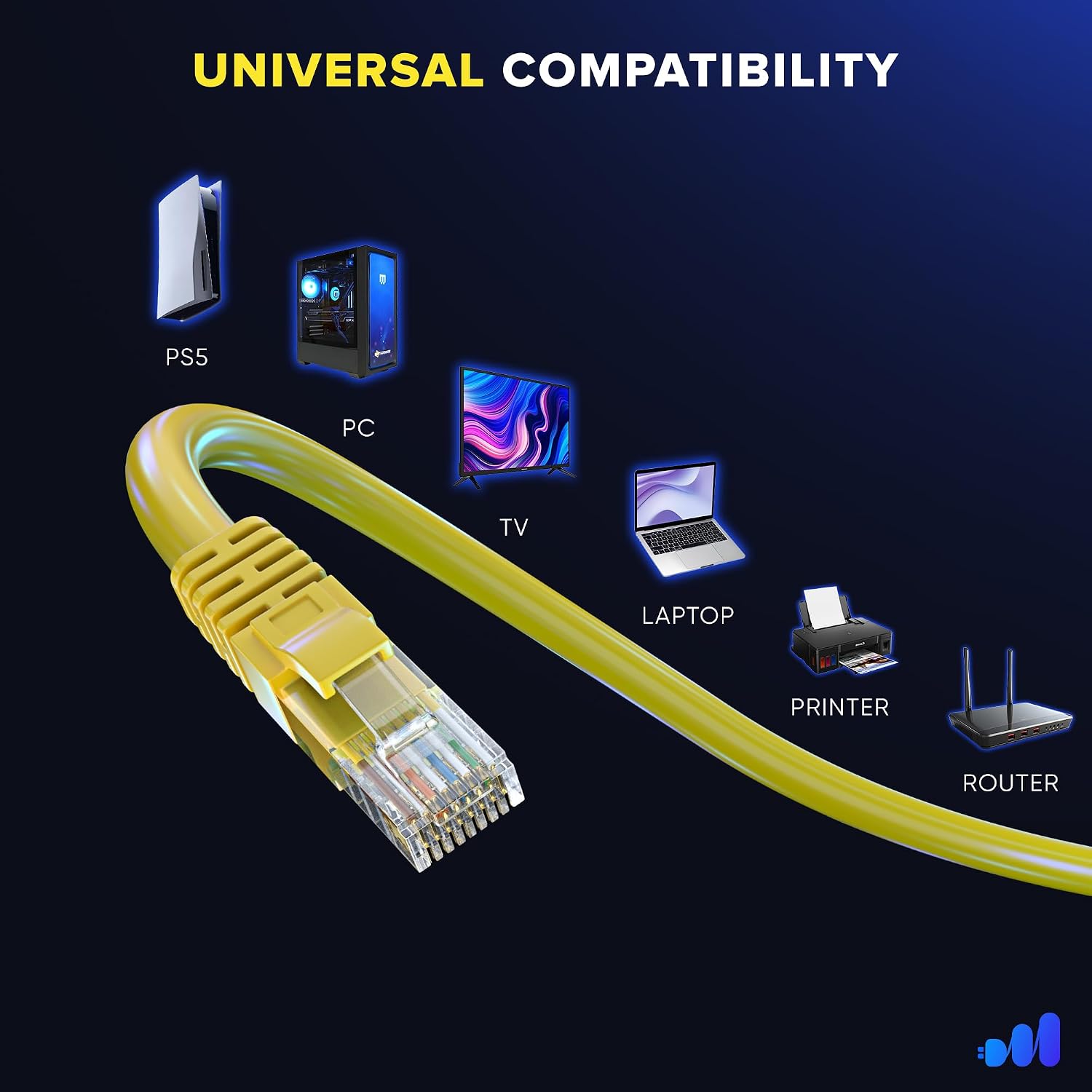 Detalle 2 de Maximm Cat6 Ethernet Cable, 7 ft, 10 Gbps, Yellow, 6-Pack