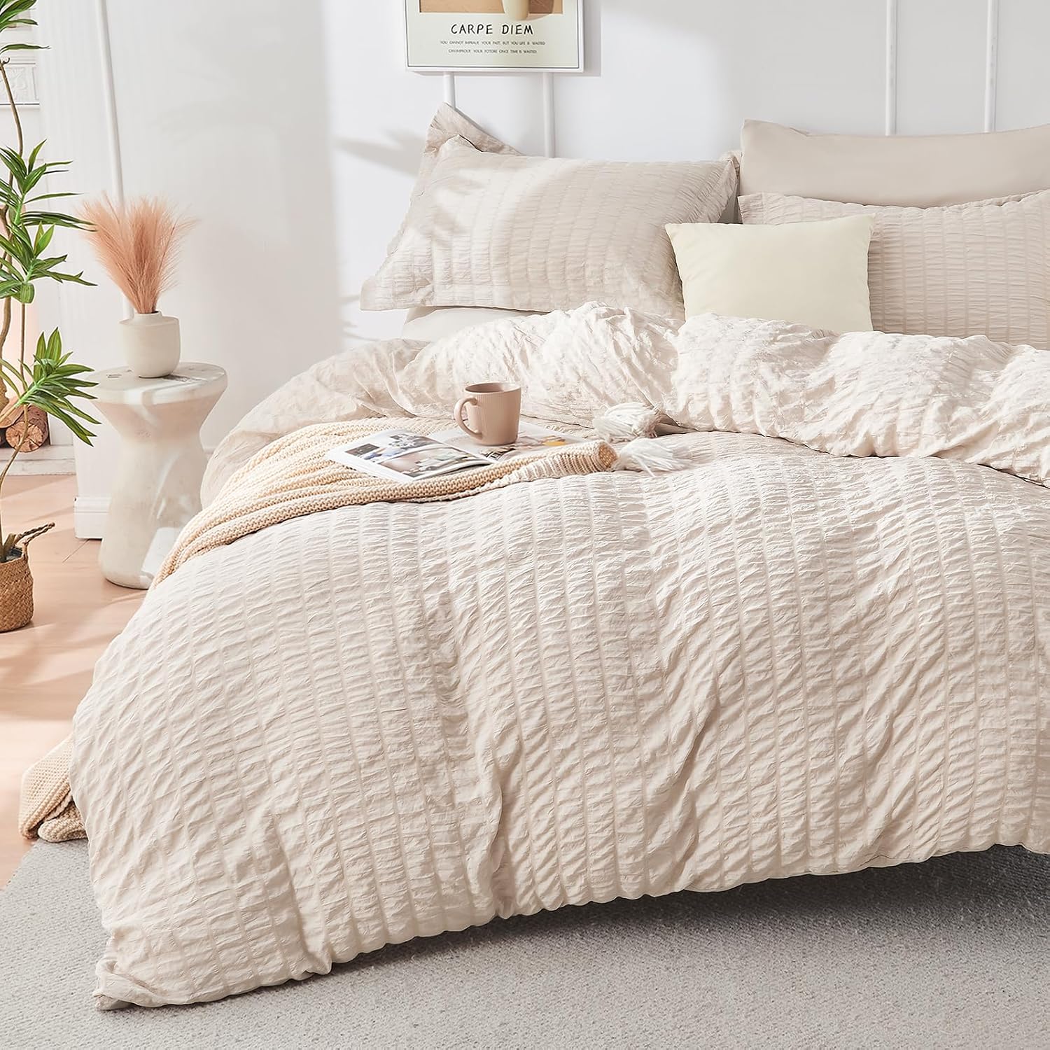 Thumbnail 2 de HYMOKEGE Beige Queen Comforter Set with Seersucker Texture – 7 Pieces