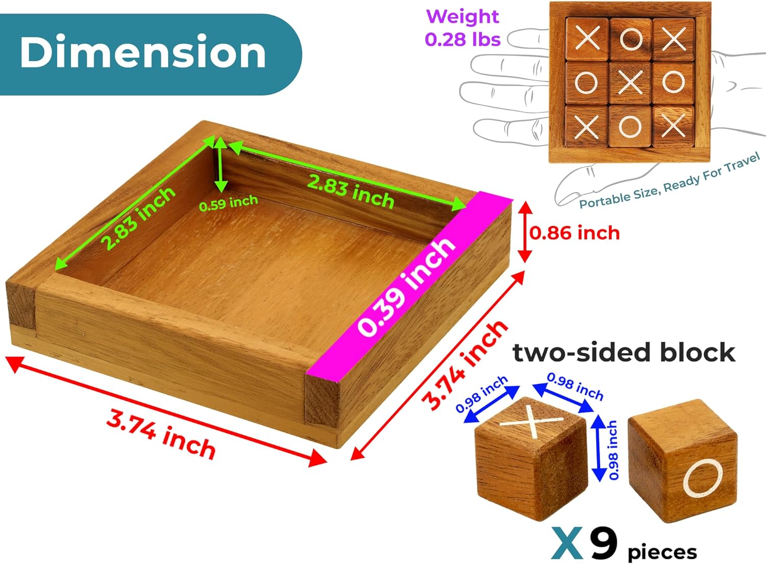 Detalle 2 de BSIRI Tic Tac Toe Rustic Wood Game 4 Inch ๐ฒ